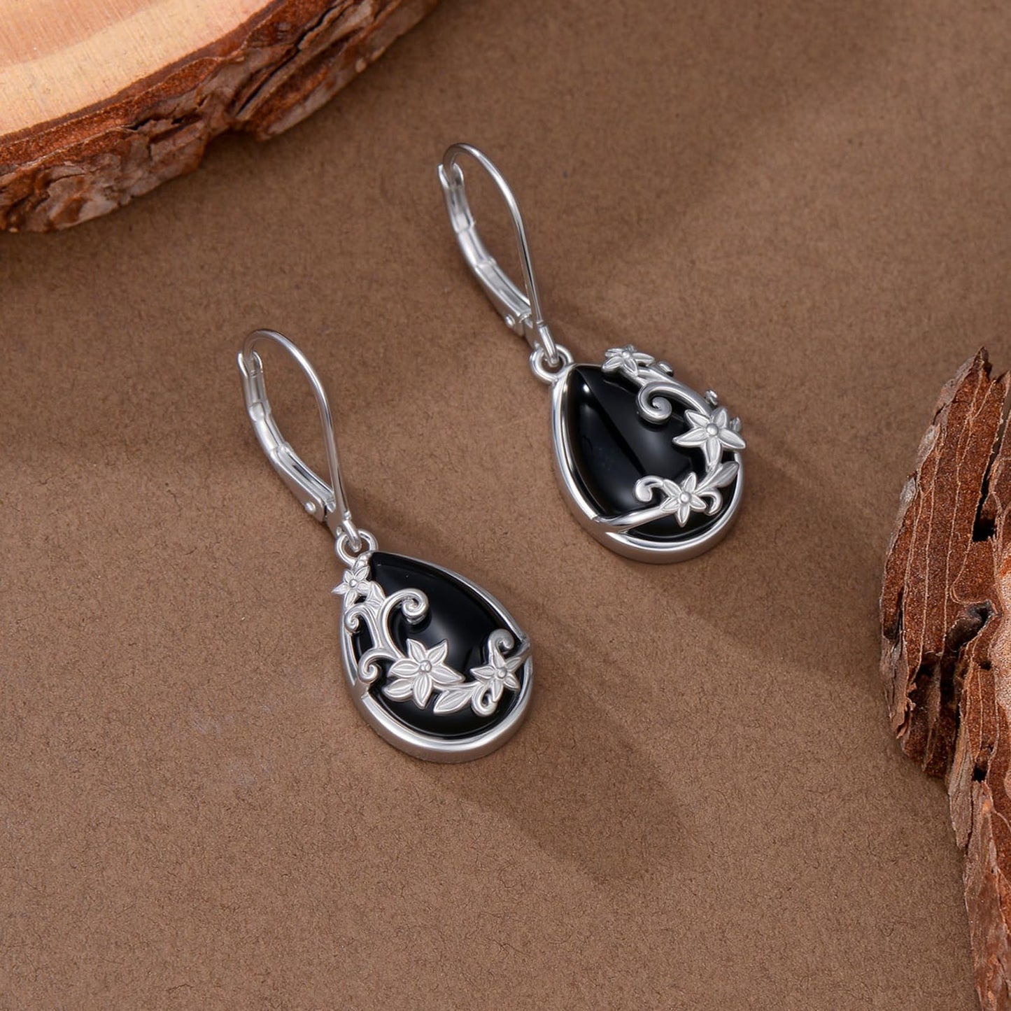 Black Onyx Earrings for Women 925 Sterling Silver Filigree Black Onyx Dangle Drop Earrings Teardrop Leverback Jewelry Mothers Day Gifts for Mom Girlfriend Wife