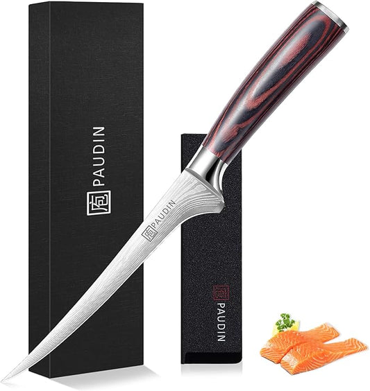 PAUDIN 7 Inch Fillet Knife – Flexible Boning Knife for Fish & Meat with Protective Sheath, Razor Sharp High Carbon Stainless Steel, Ergonomic Pakkawood Handle, Gift Box