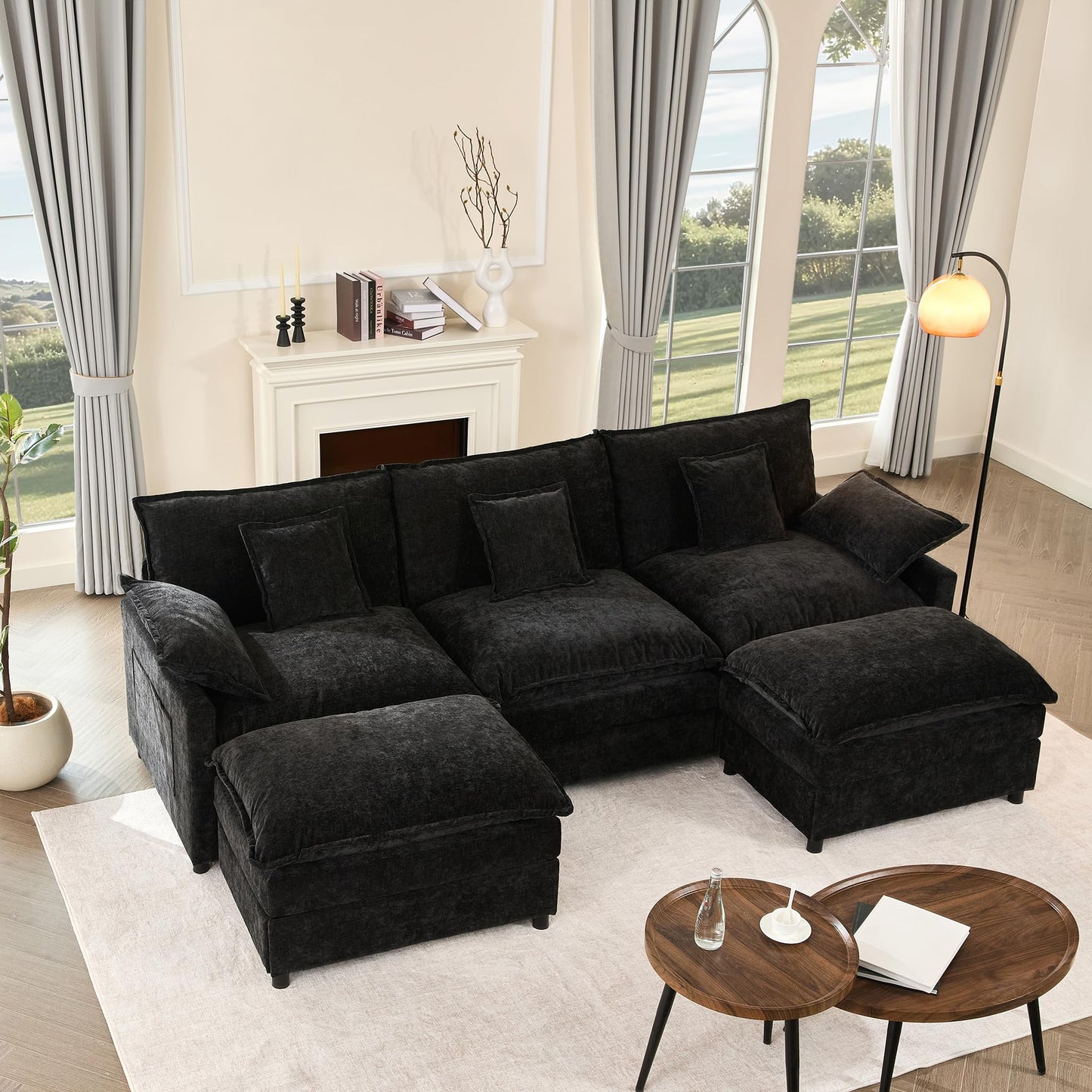 GOSUHI 108" U Shaped Couch, Modular Sectional Sofa, 3-Seater Comfy Cloud Couch, Set of Modular Pieces with Movable Ottoman, Deep Seat Couches for Living Room, Chenille, Black