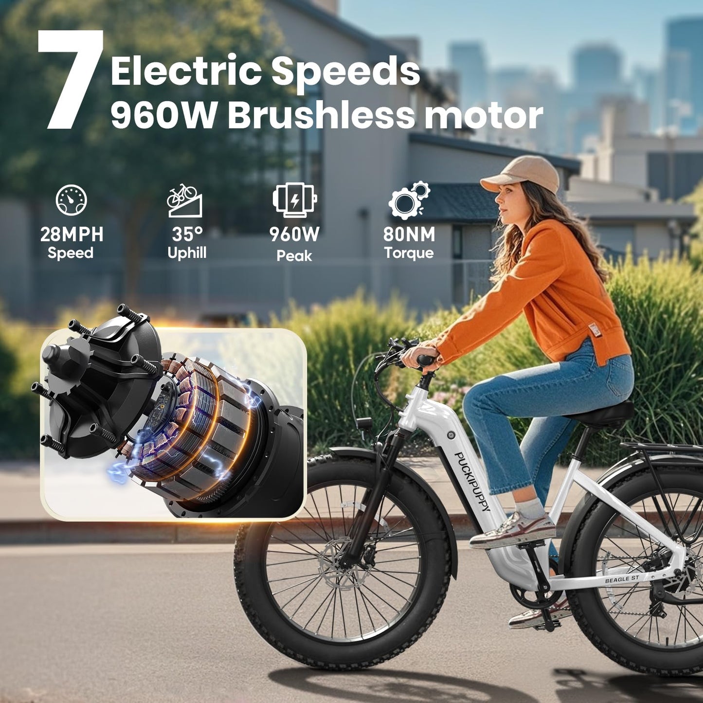 PUCKIPUPPY Electric Bike for Adults 960W, 26" Fat Tire, Step-Through Design Electric Mountain Hunting Bike, 48V 15AH Max 28MPH Off-Road Ebike with Rear Storage Shelf (White)
