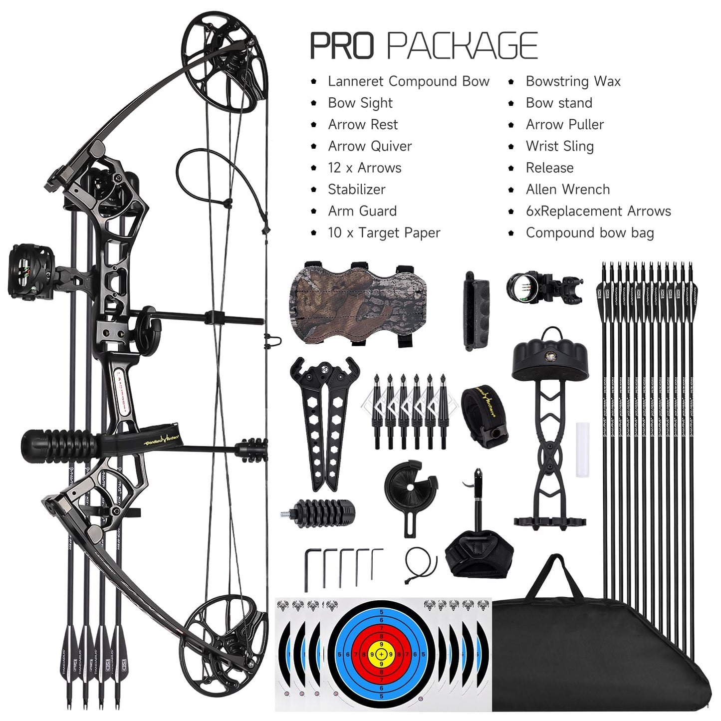 Lanneret Compound Bow and Archery Sets - Right Hand Archery Compound Bows 0-70 lbs Draw Weight Adjustable for Adults and Beginners，25"-31" Draw Length，up to IBO 320 fps，Archery Hunting Bow Set，Black