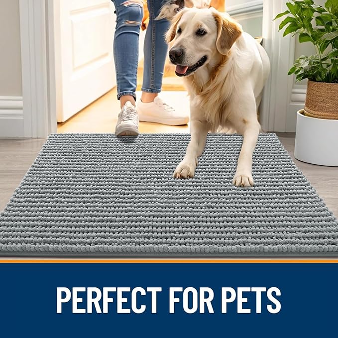 OLANLY Dog Door Mat for Muddy Paws 44x24, Ultra Absorbent Chenille Mud Doormat, Non-Slip Washable and Dirt Trapping Doormat for Indoor Entryway, Quick-Dry Indoor Pet Bed Mats for Dogs, Grey