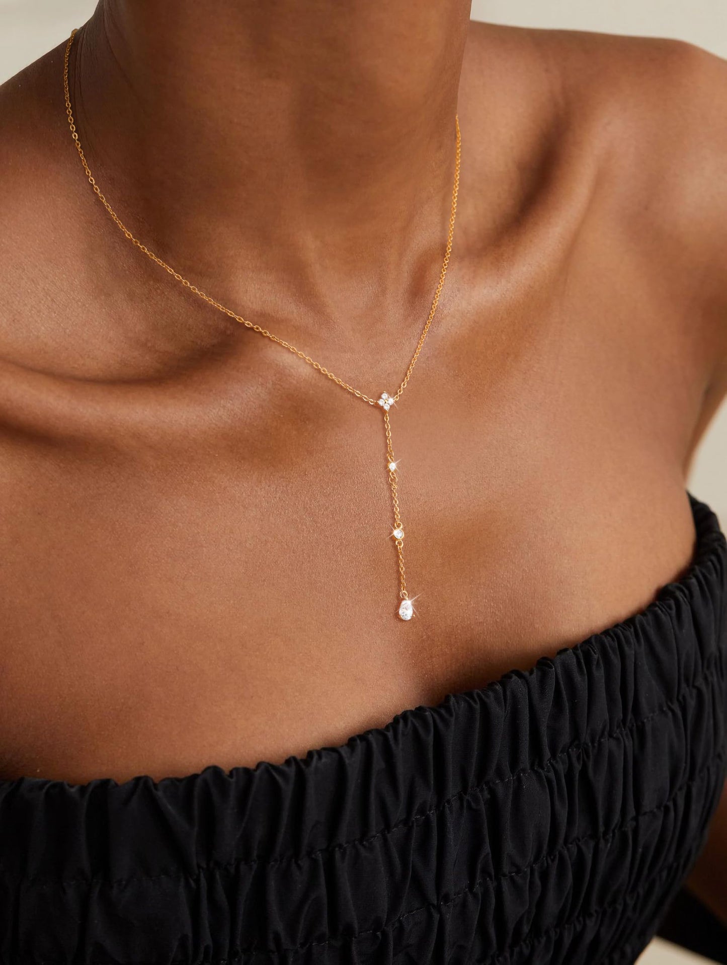 CHESKY Dainty Long Gold Necklaces for Women Trendy, Lariat Y Necklace 14k Gold Plated Layered Drop Necklaces Simple Handmade Cz Pendant Chain Gold Jewelry for Women Gifts