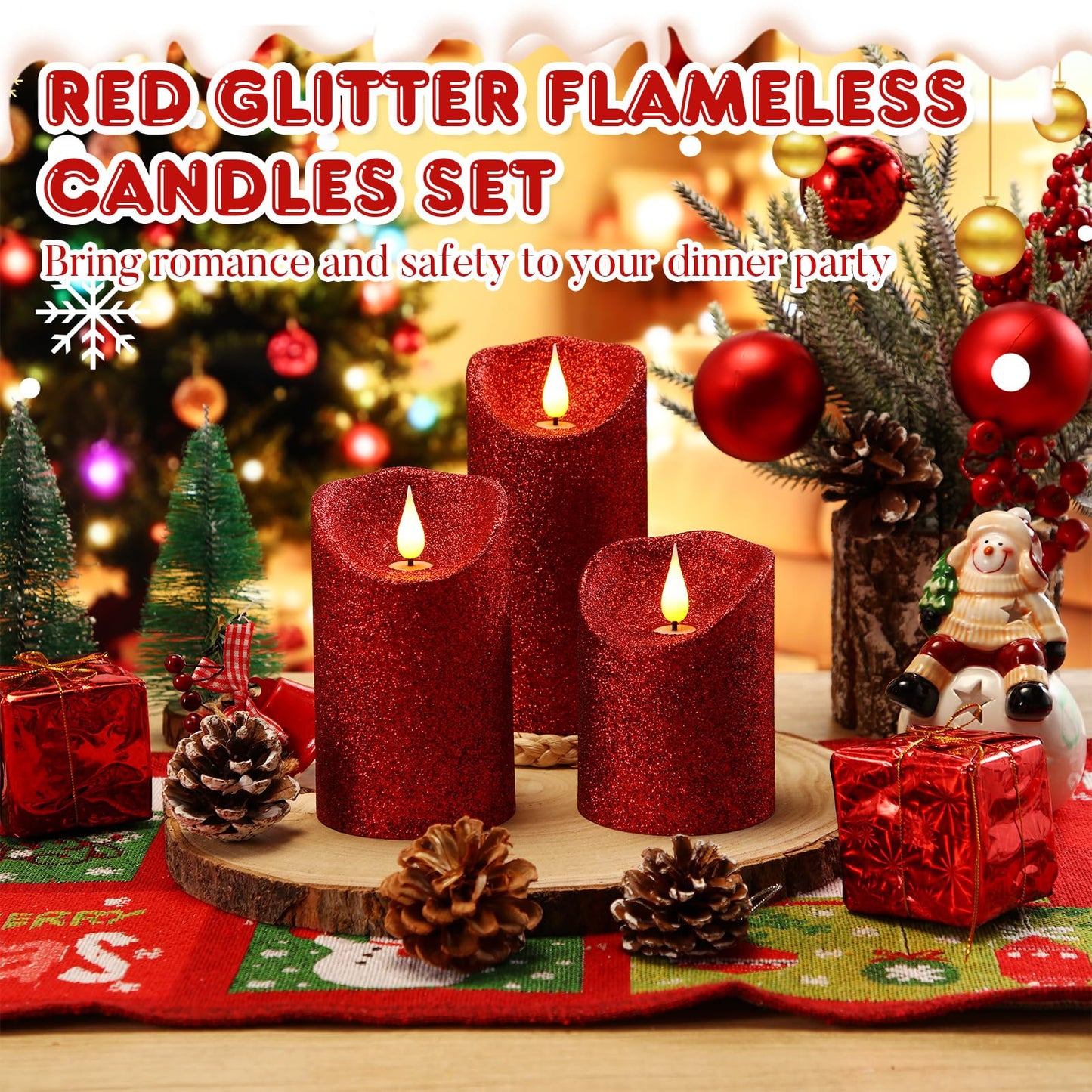 Retisee Set of 3 Valentines Glitter Flameless Candles, 4" 5"" 6"" Burgundy Red Operated Battery Pillar Candles Flickering Real Wax LED Candle with Remote and Timer for Valentines Home Table Centerpiece"
