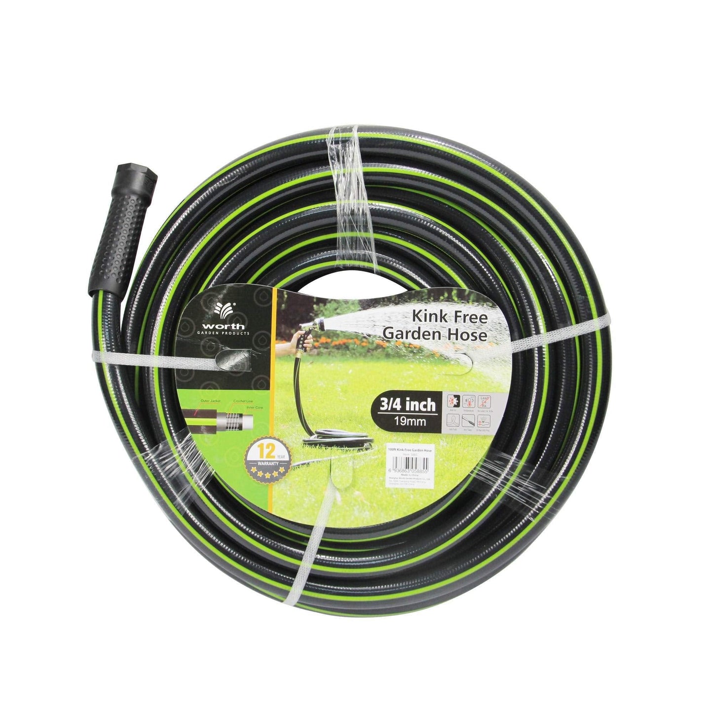 Worth Garden Hose 3/4 in. x 100 ft. - Heavy Duty Lightweight PVC Water Hose - Flexible, No Kink, Leakproof, Male to Female Fittings - 200PSI Work & 500PSI Burst, for Lawn, Gardening & Commercial Use