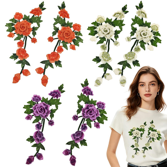 6PCS Peony Flower Embroidery Patches Large Floral Sew On Applique Patches for Women Wedding Dress Jacket Jeans Bag Shoes Decorative Repair Patch DIY Craft Embellishments 3D Design
