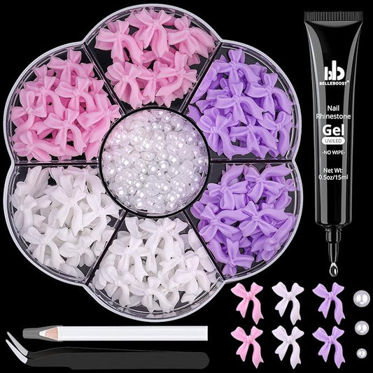 120 Pcs 3D Nail Bow Charms + 2-4mm Nail Pearls Set 9, Pink White Lilac Bow Nail Charms and White Flatback Pearls with Nail Charm Glue Gel(UV Needed) and Pickup Tools for Nail Art Decoration