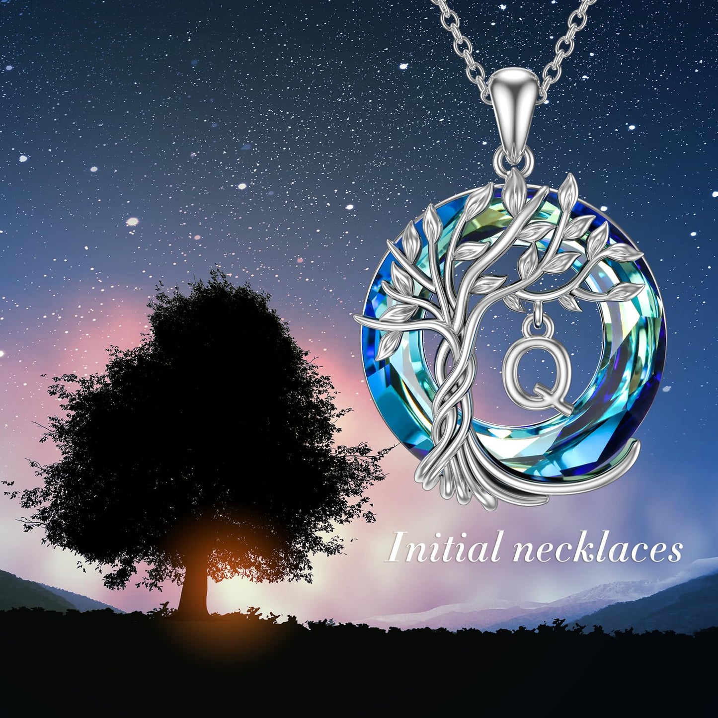 TOUPOP Tree of Life Initial Necklace Gifts for Women Sterling Silver Initial Q Letter Jewelry Irish Crystal Pendant Birthday Gifts for Women Her Mom Wife Daughter