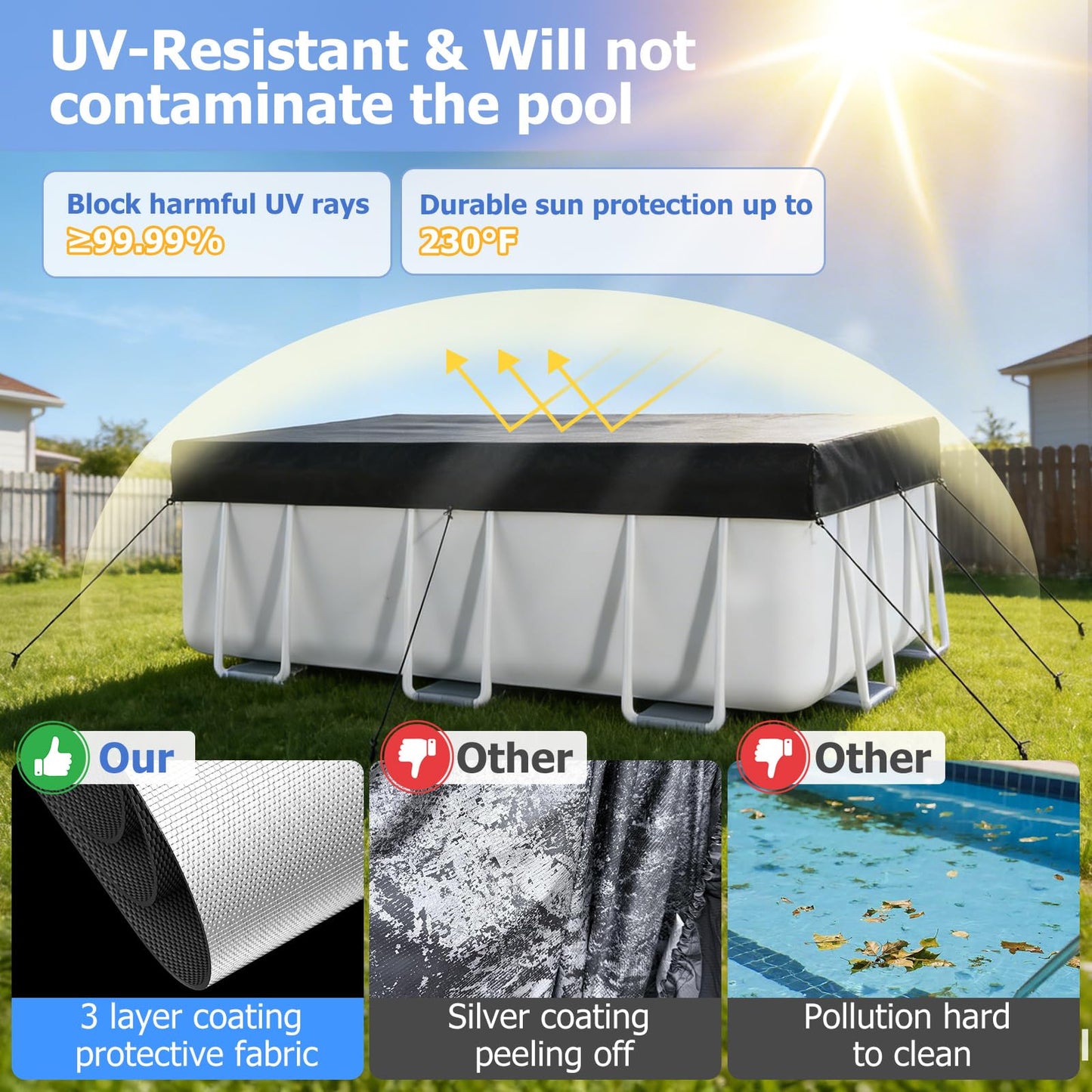 10x16 FT Rectangular Pool Cover, Solar Pool Cover for Above Ground Pool, Swimming Pool Cover Including Buckle, Drawstring and Ground Nails for Rectangular or Oval Pools