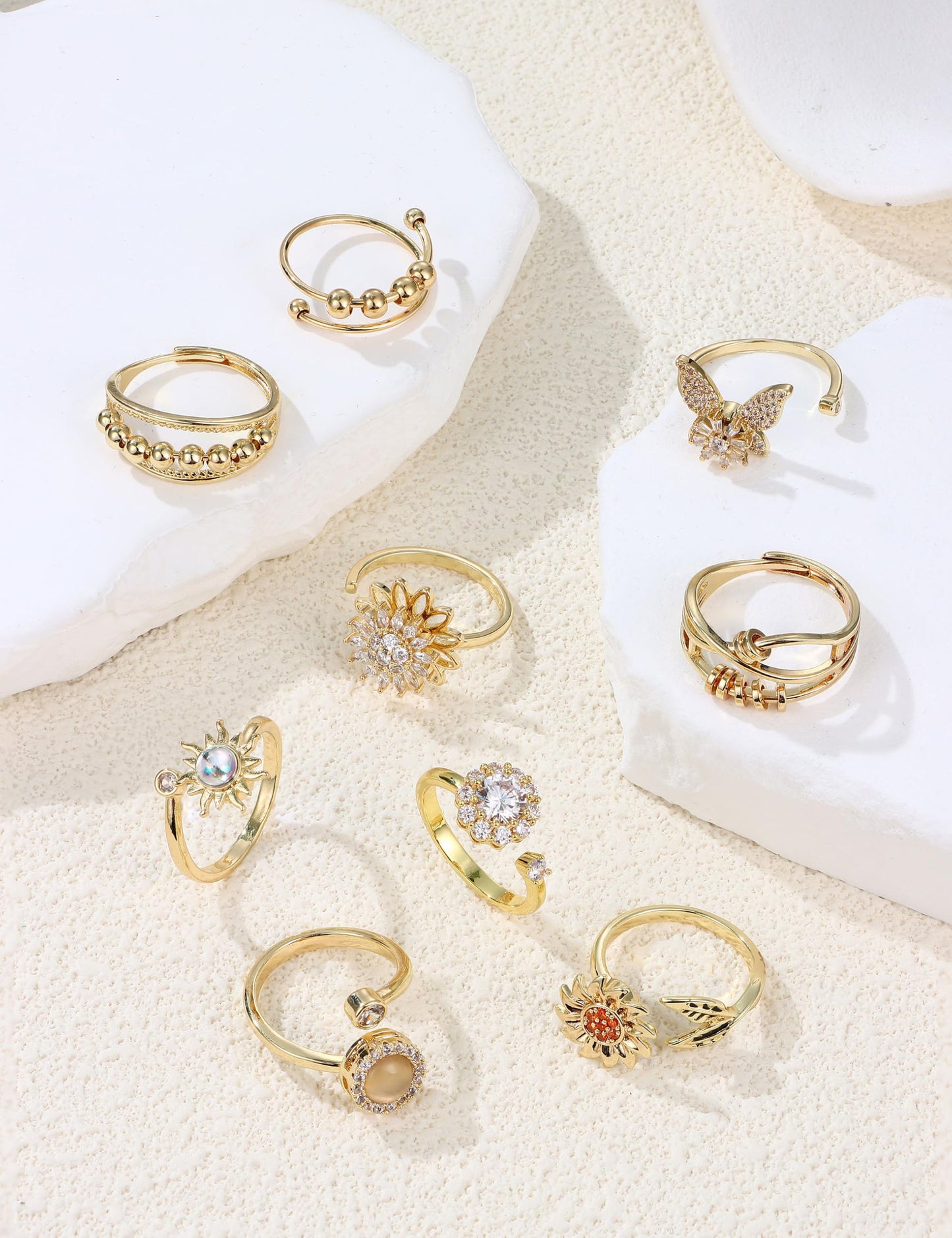 MILACOLATO 14K Gold Plated Fidget Ring for Women Adjustable Anxiety Rings Open CZ Butterfly Sunflower Bead Spinner Rings for Anxiety Stress Relief G
