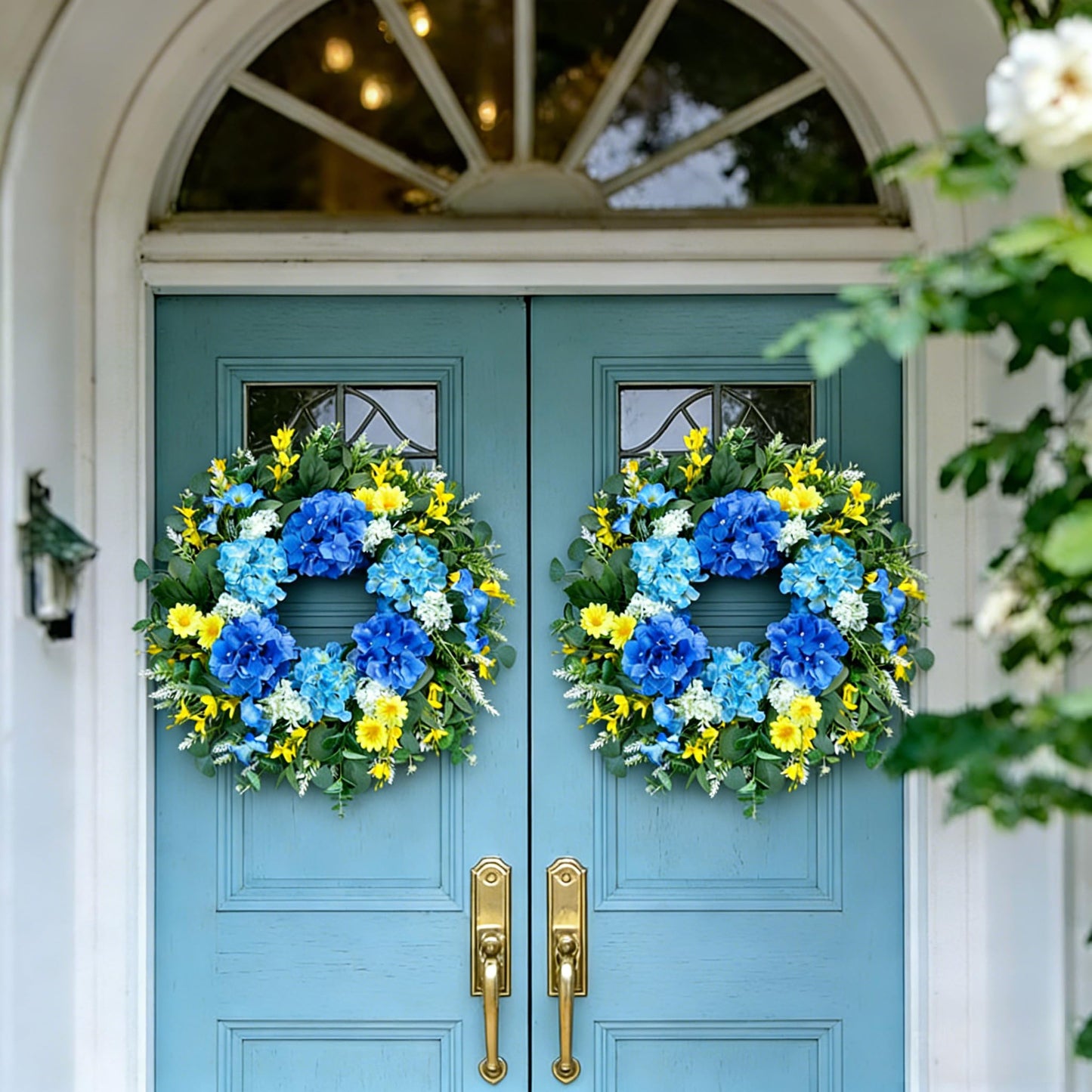 26 Inch Spring Wreaths for Front Door Outside Large Artificial Summer Wreath Silk Hydrangea Wreath with Yellow Daisy and Eucalyptus Leaves Indoor Outdoor Porch Rustic Farmhouse Home Wall Wedding Decor