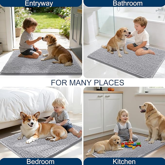 OLANLY Dog Door Mat for Muddy Paws 70x46, Ultra Absorbent Chenille Mud Doormat, Non-Slip Washable and Dirt Trapping Doormat for Indoor Entryway, Quick-Dry Indoor Pet Bed Mats for Dogs, Light Grey