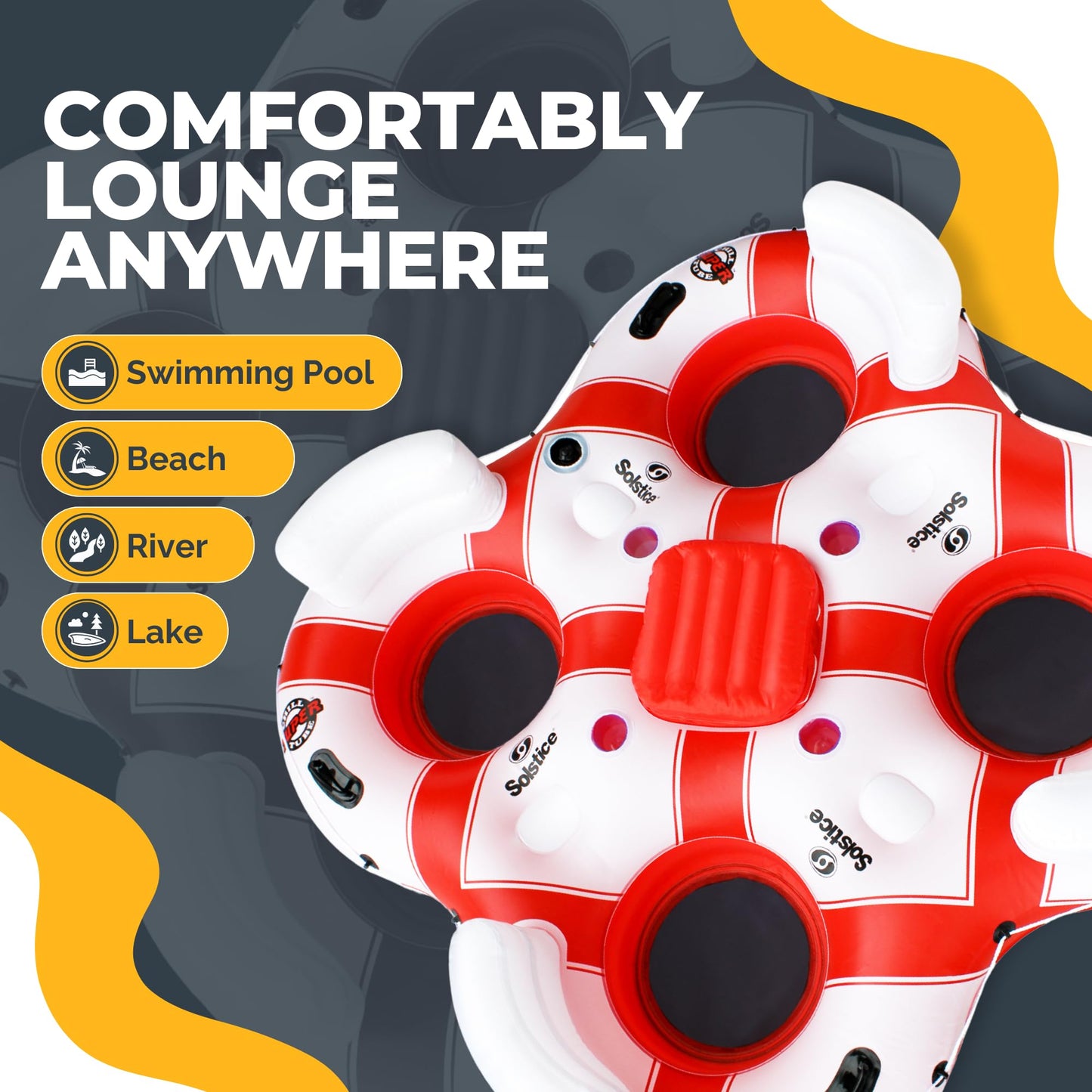 SOLSTICE Inflatable Tube Float – Heavy-Duty Material with Grab Handles for Pool, Lake & River – Compact with Backrest, Mesh Base, Cupholders & Rope – 4-Person, White & Red, 89" – Super Chill