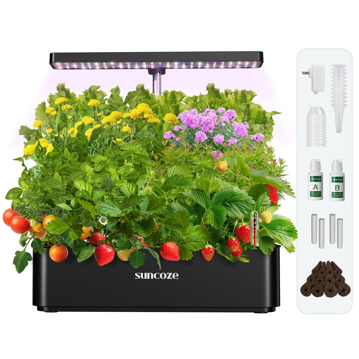 SUNCOZE Hydroponics Growing System Kit 12 Pods, 24W LED Grow Light Indoor Garden, 4L Water Tank with Quiet Pump, Adjustable Height Herb Garden Planter Indoor Kit, Gardening Gifts, Black