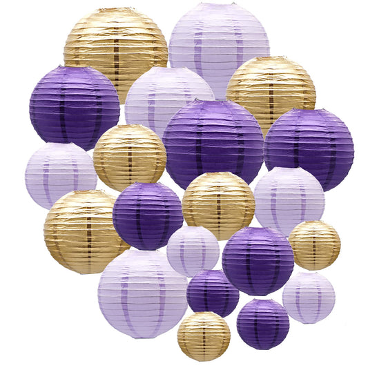 ADLKGG Paper Lanterns Decorative, Round Hanging Lanterns Party Supplies for Graduation Bachelorette Gender Neutral Baby Shower Birthday Party Decorations Purple/Lavender/Gold 21pcs