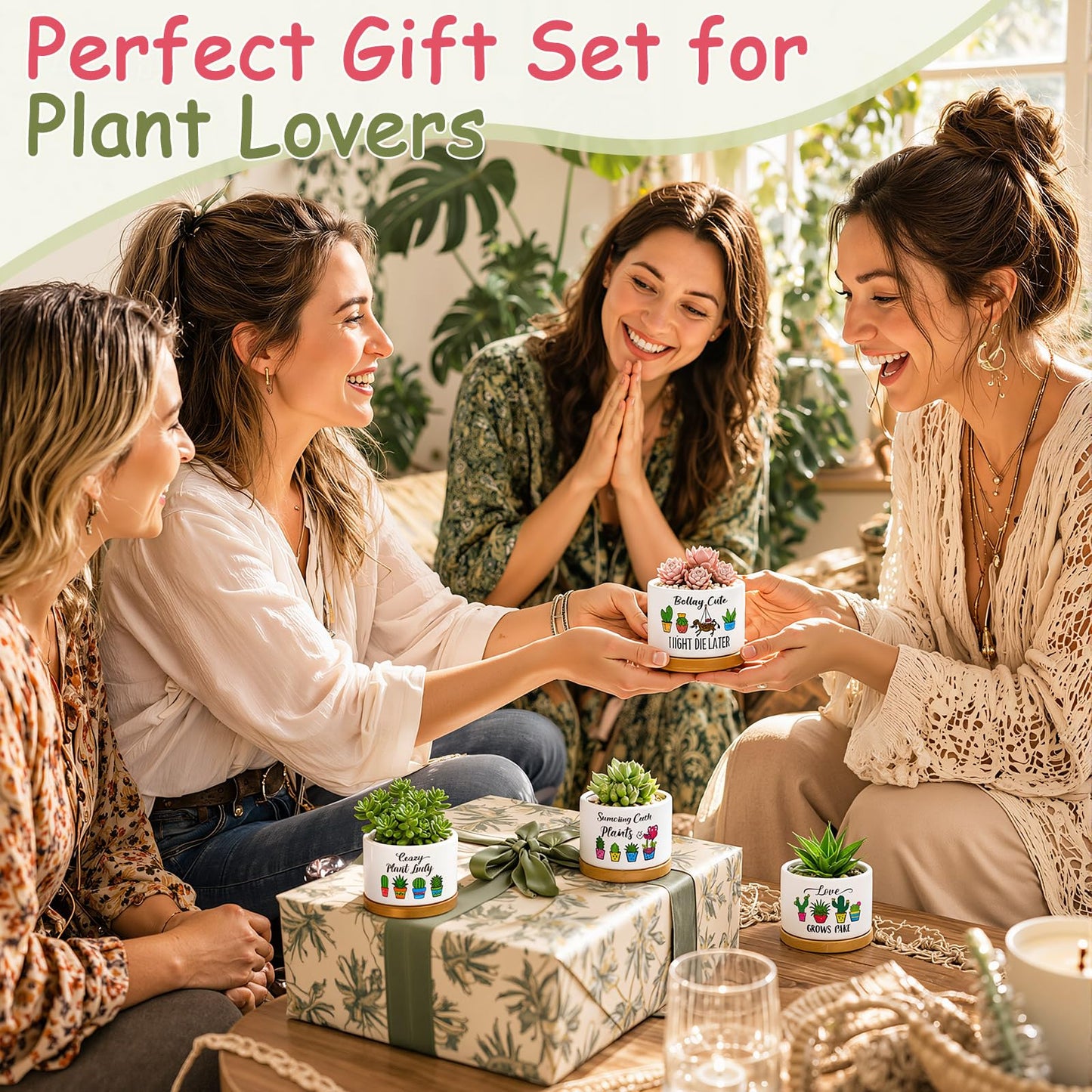 Acellegic 6 Pcs Funny Succulent Plant Pots with Bamboo Trays Mini Ceramic Flower Pots Cute Cactus Planters for Indoor Women Plant Lovers Nurse, Plants Not Included