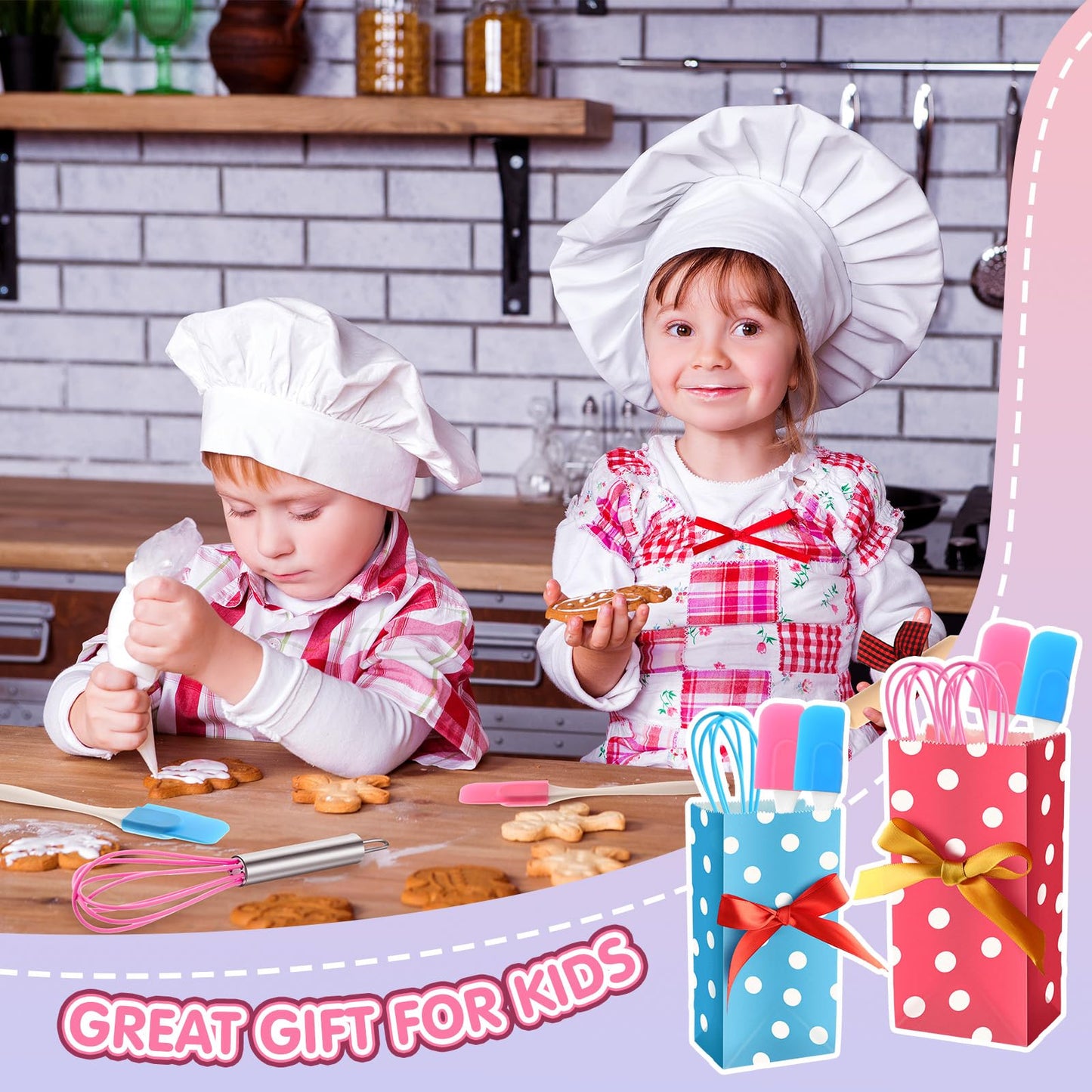 Glimin 48 Pcs Kids Mini Baking Supplies with Spatula, Rolling Pin, Whisk, Gift Bags for Kids Cooking Classroom School Exchange Party Favors