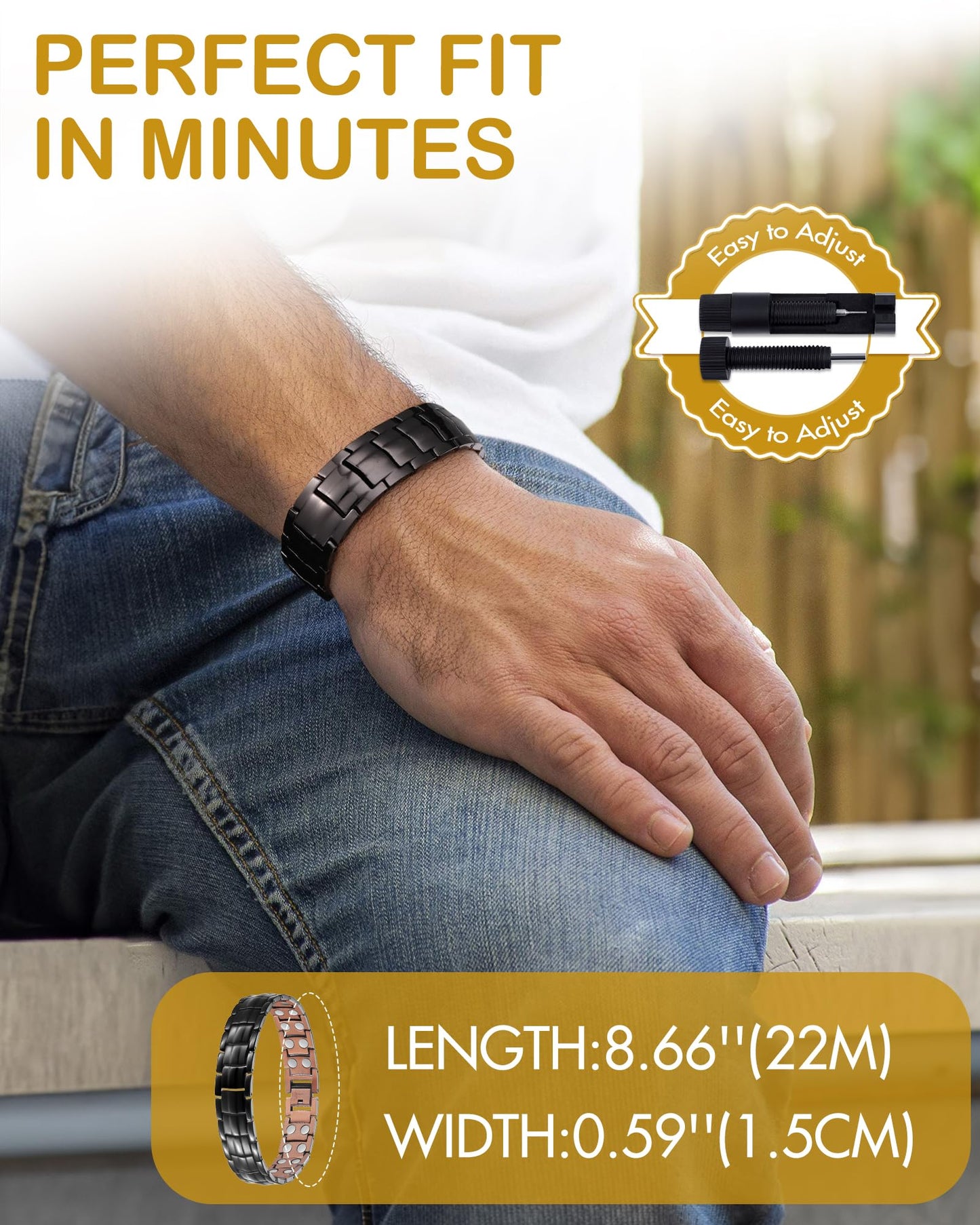 Feraco Men's Copper Magnetic Bracelet Elegant 99.99% Solid Copper Bracelets with Double-Row Strong Magnets, Magnetic Field Therapy Jewelry (Black)
