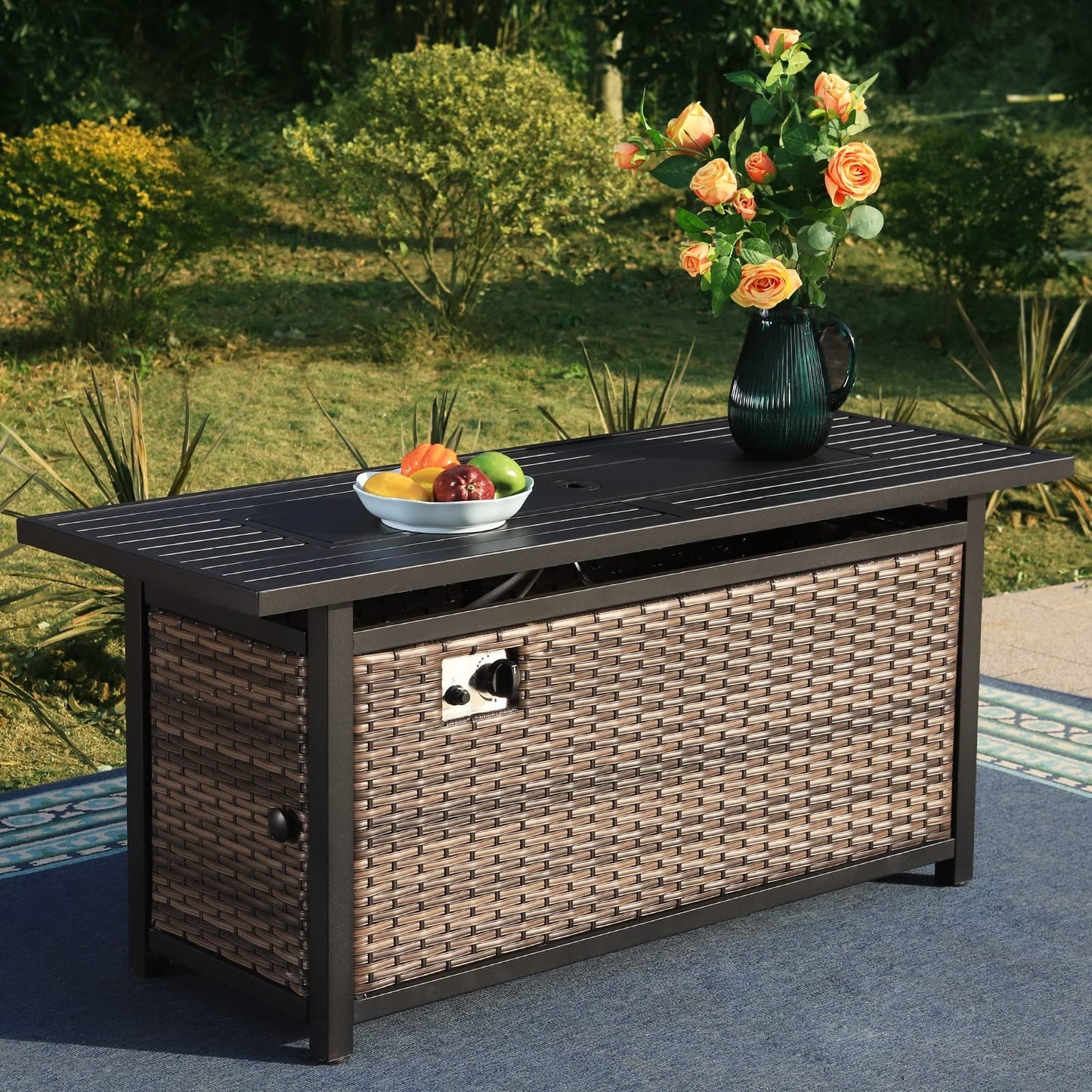 Sophia & William 56 Inch Gas Fire Pit Table Outdoor Rattan Propane Fire Table & Fireplace with Fire Glass, Lid, 50,000 BTU Firepits for Outside Patio