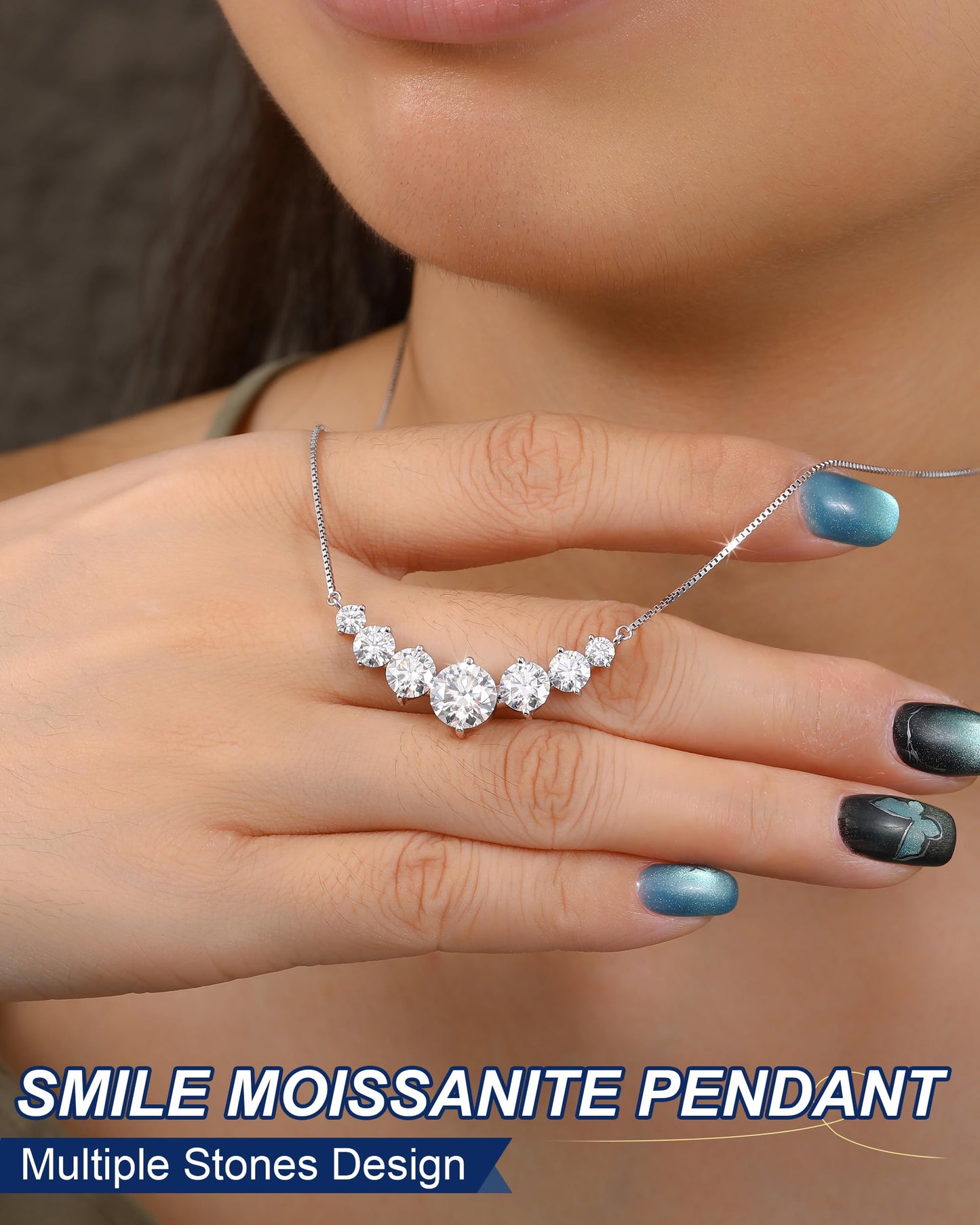 Moissanite Pendant Necklace for Women, 1.7 Carat 7Stones Moissanite Pendant Necklace 18k White Gold Plated Sterling Silver Smile Necklaces 16.5+2.5 inch Adjustable Box Chain Jewelry Gifts for Mom Wife