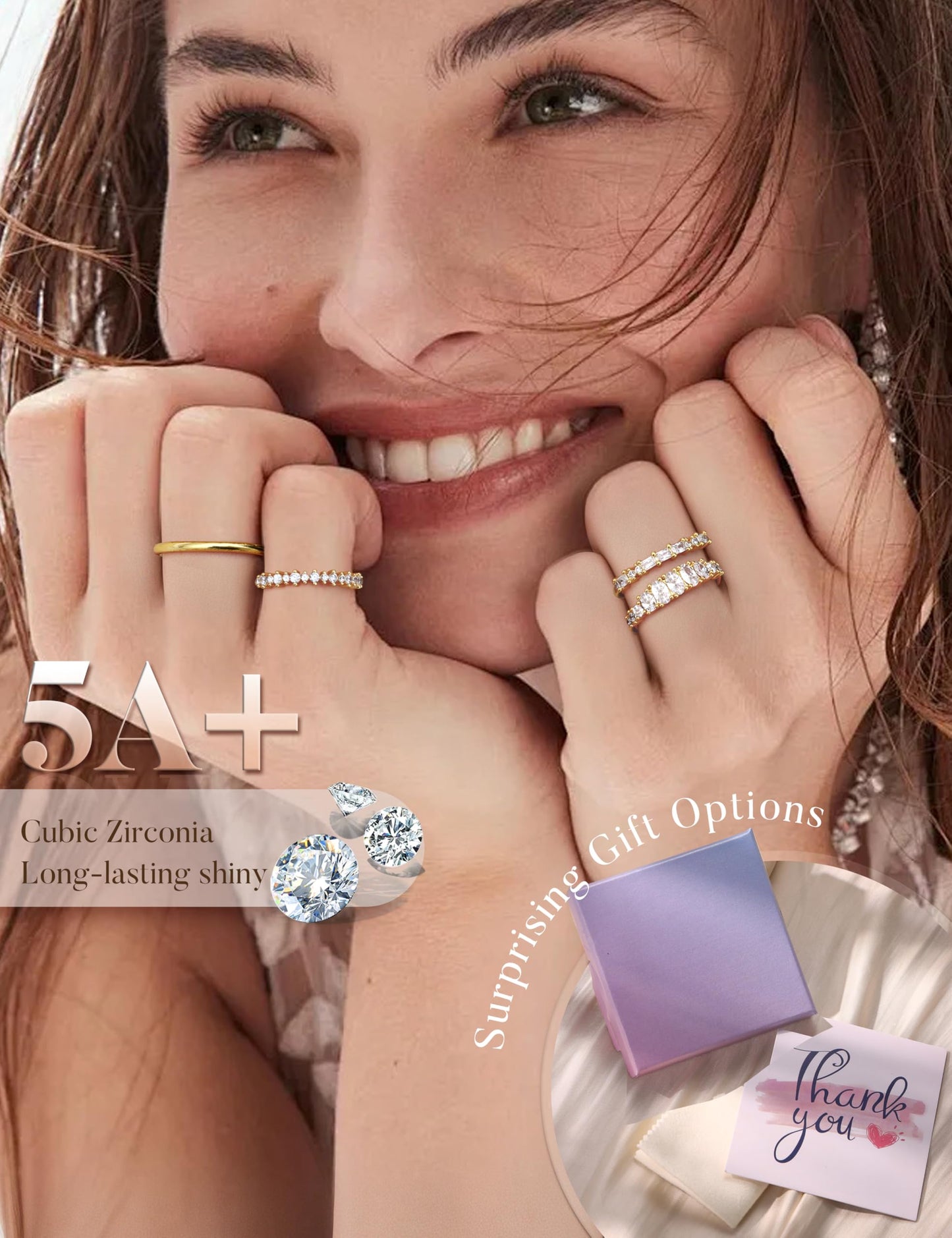 LOLIAS 14K Gold Plated Stackable Rings for Women Non Tarnish - Dainty Cubic Zirconia Wedding Bands Ring Set Minimalist Trendy Statement Engagement Promise Thumb Rings Stacking Size 5-10 Size 10