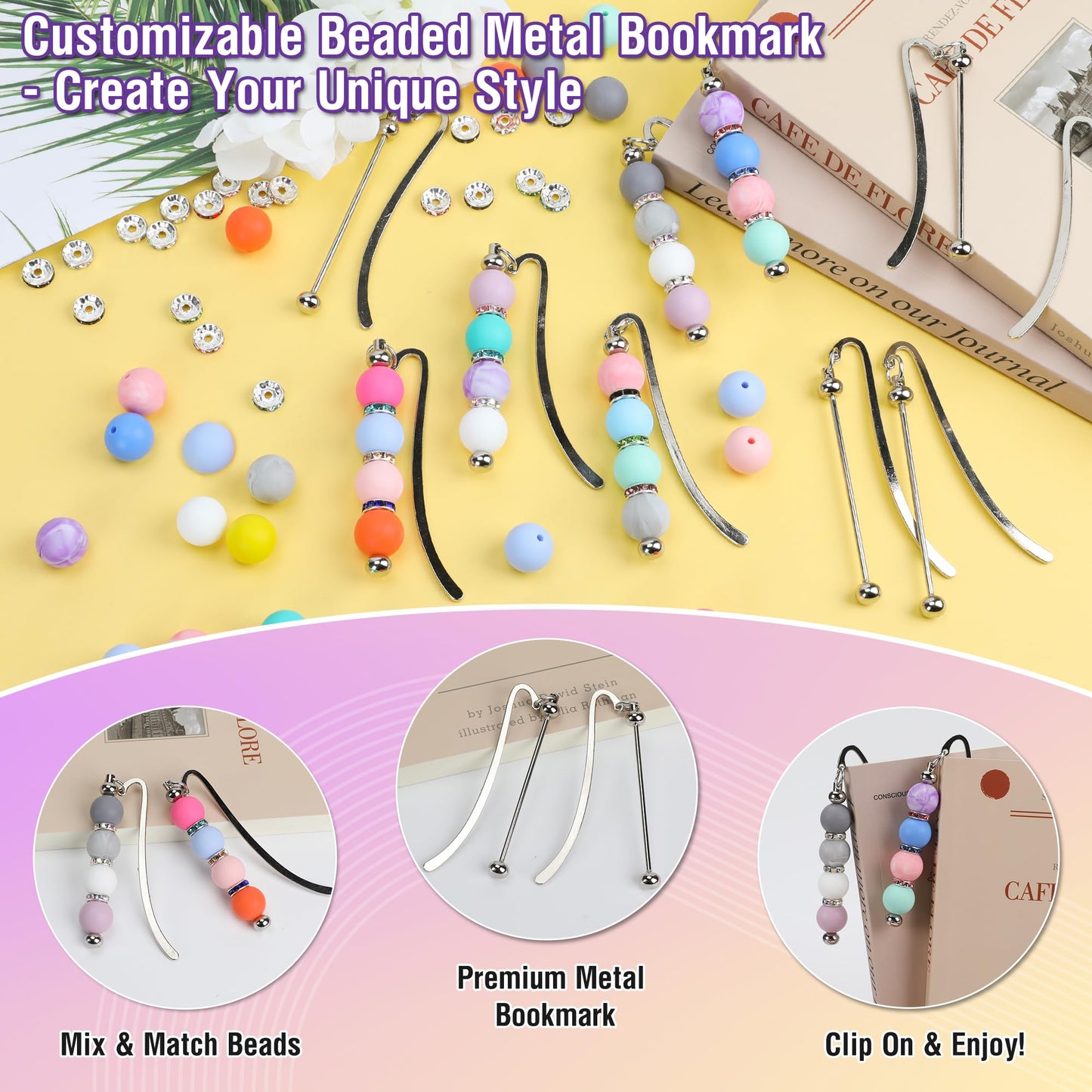 Sandure 162pcs DIY Beadable Metal Bookmarks Craft Kit with 12 Bookmarks 150 Beads Bookmark Making Kit for Adults Teachers Student Creative Gift for Readers Birthday Office Supplies