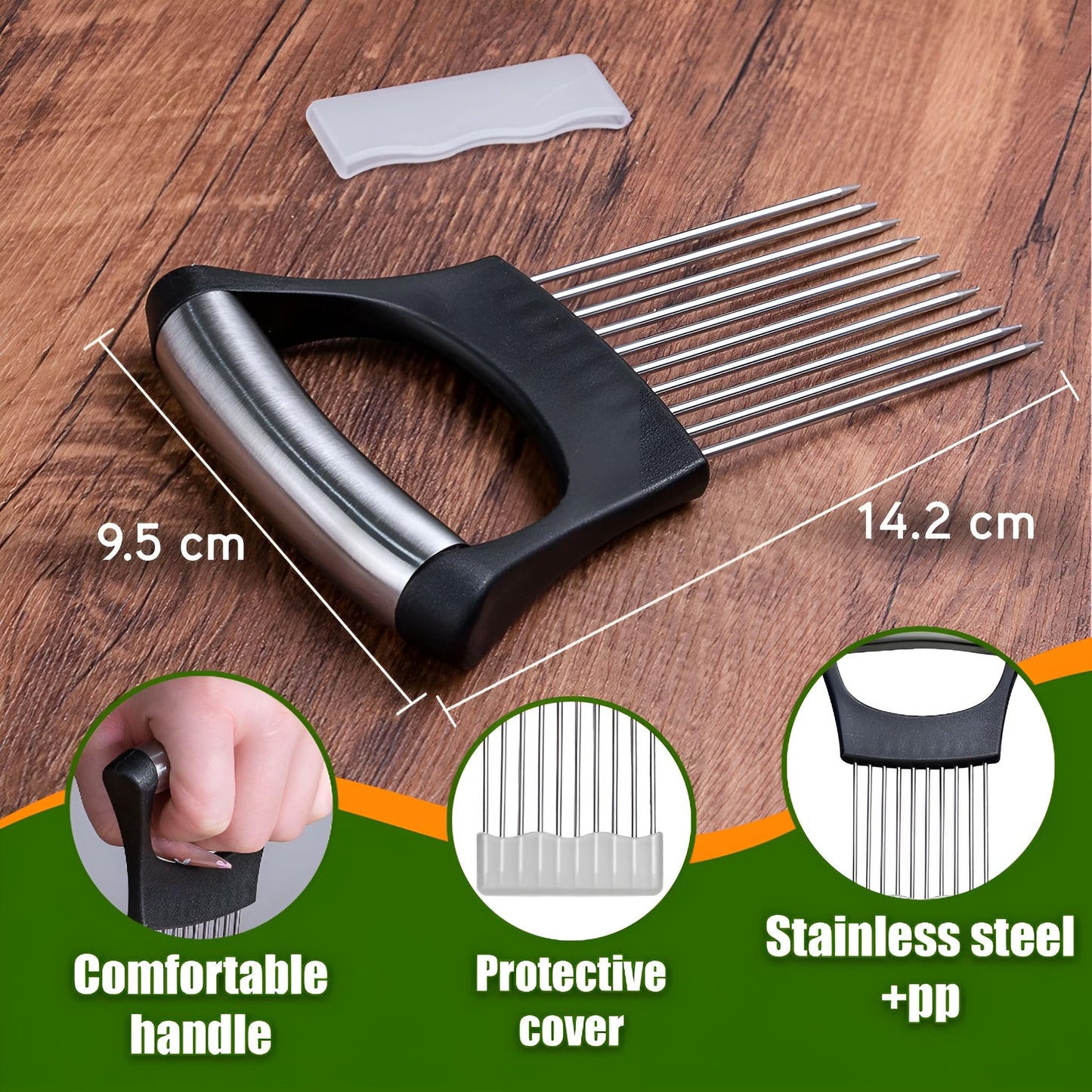 UNIQUEPLUS stainless steel onion slice holder onion slicer and chopper,finger guards for cutting food,finger protector for cutting food 2025 Premium Onion Slicer with finger holder & bread knife