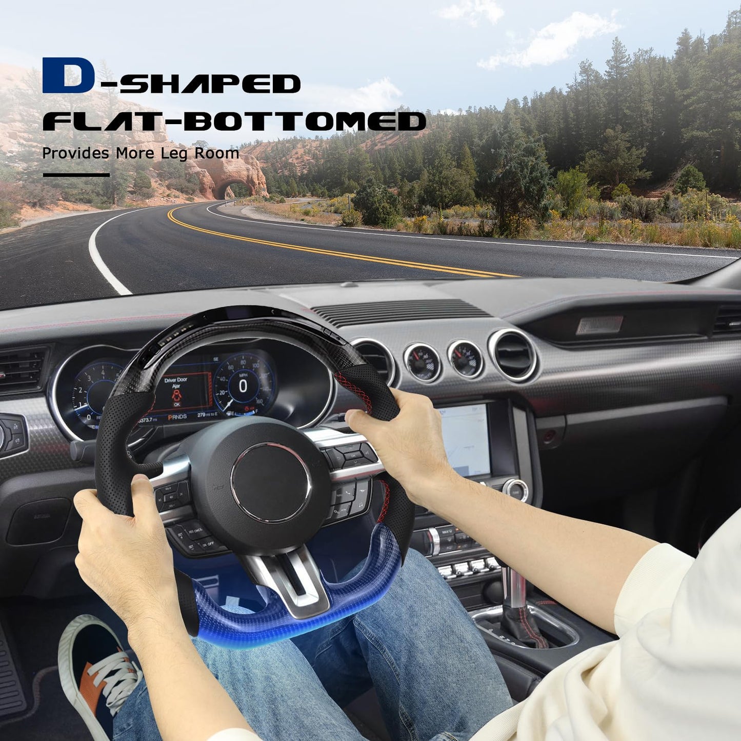 VOONKE Real Carbon Fiber Steering Wheel D-shaped With stitching Led Nappa Perforated Leather Flat-bottom Steering Wheel With heating function For Mustang EcoBoost/GT/Shelby GT350/GT350R 2018-2023