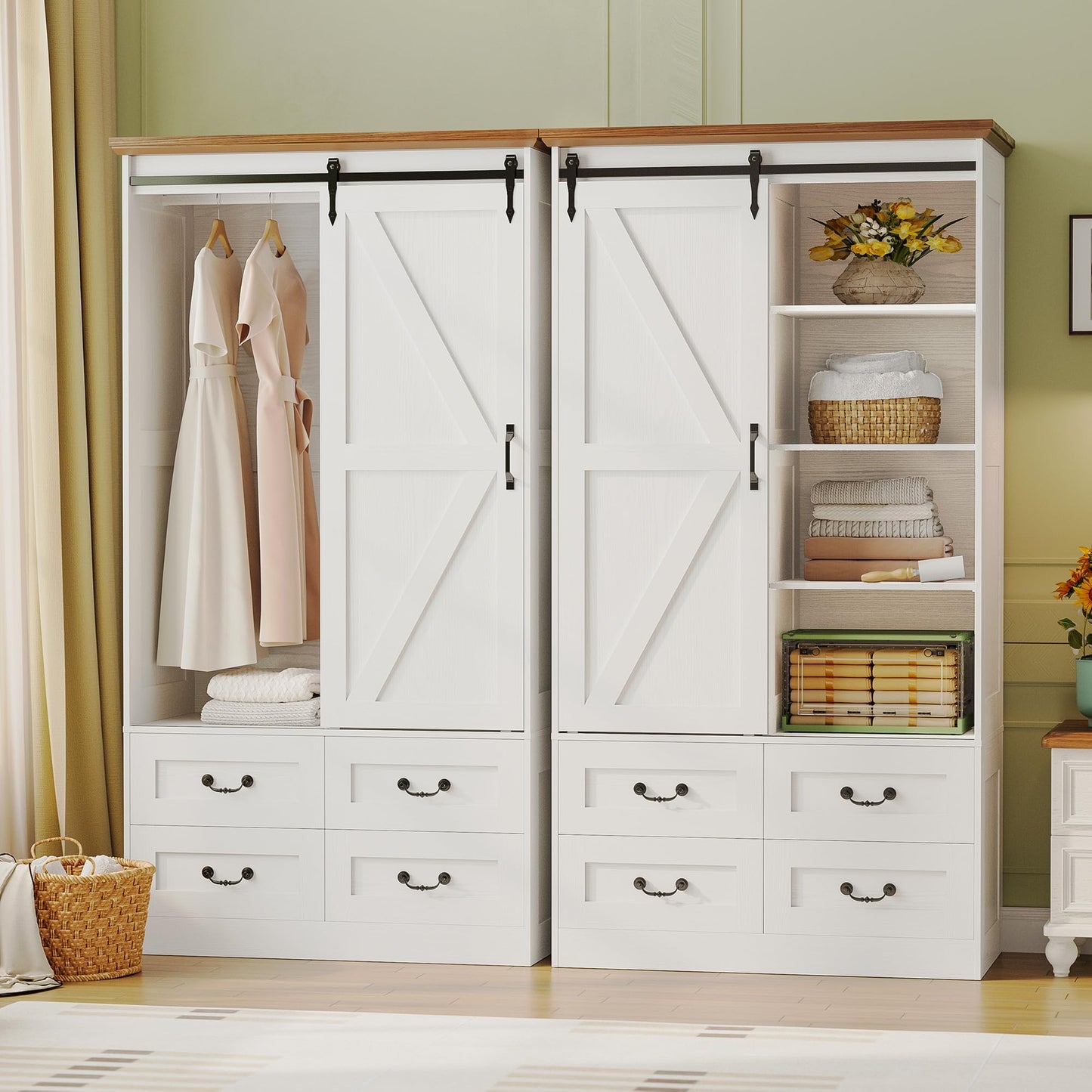 IRONCK Armoire Wardrobe Closet with 4 Drawers,71" Wardrobe Cabinet with Sliding Barn Doors, Tall Clothing Storage Cabinet with Hanging Rod and Shelves for Bedroom, White