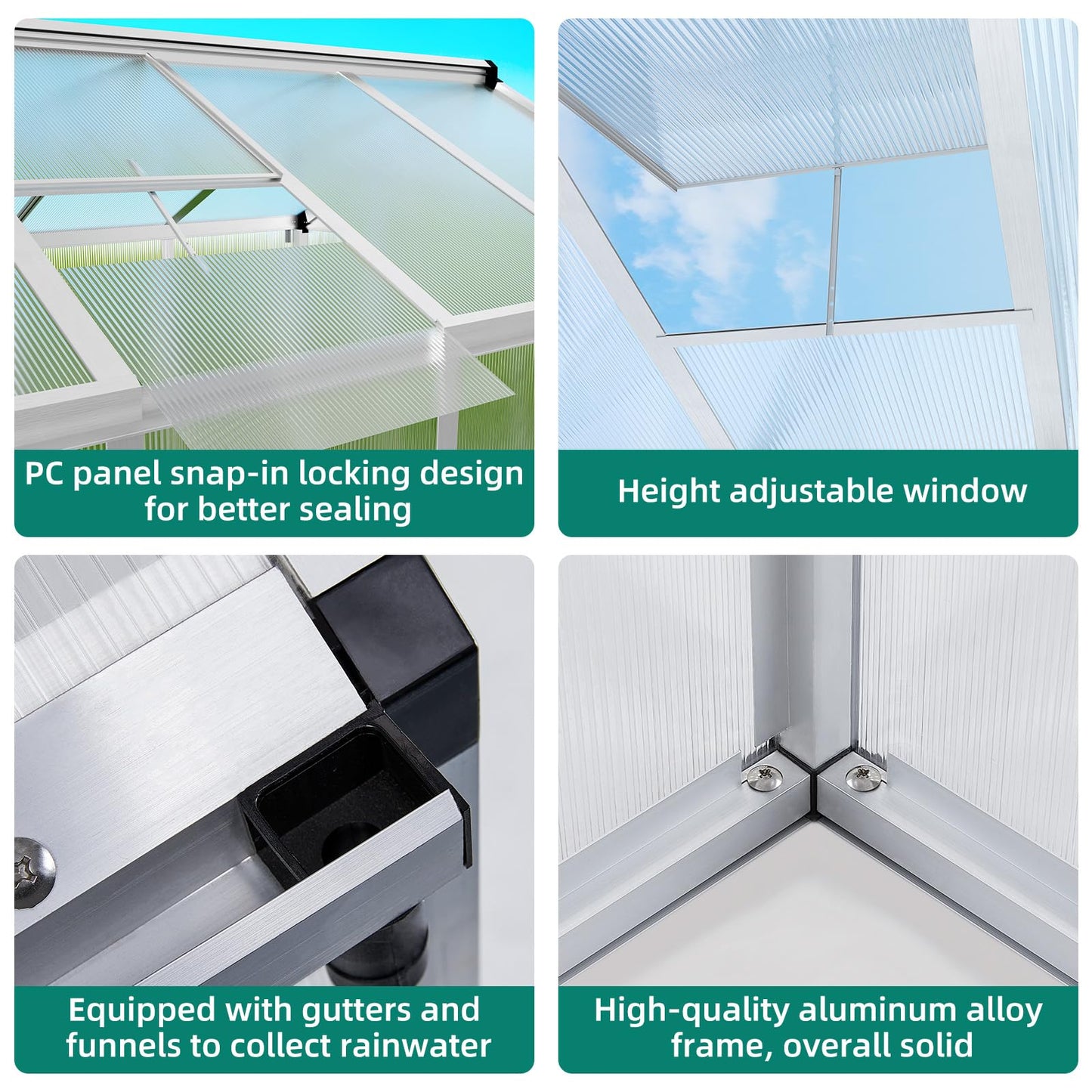 GarveeLife 6x8 FT Greenhouse - Large Aluminum Greenhouses for Outdoors, Heavy Duty Polycarbonate Greenhouse with Roof Vent&Ground Nails, Walk-in Green houses for Garden, Backyard, Patio, Easy Assembly