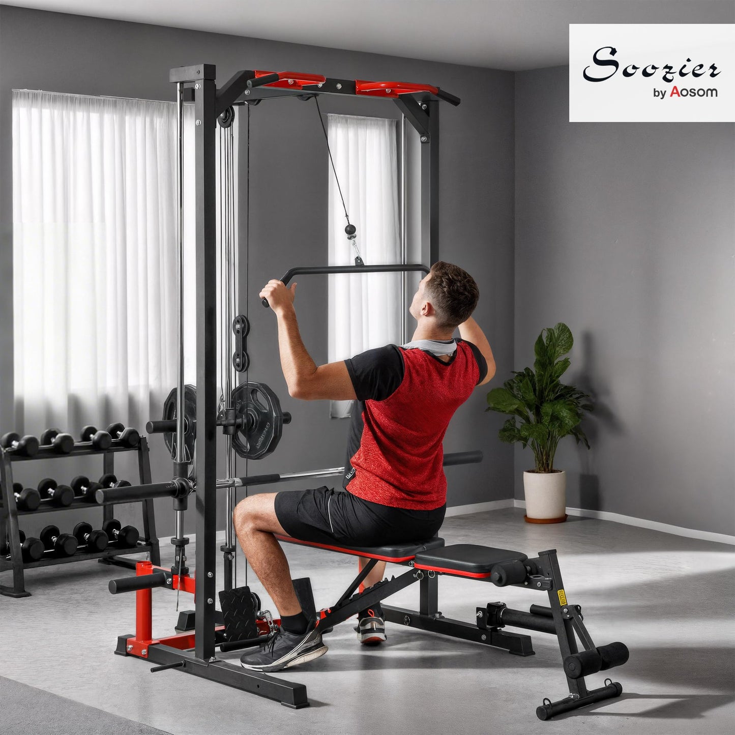 Soozier Power Cage Smith Machine, Multi-Function Power Rack with Pull Up Bar, LAT Pull Down System and Squat Rack, Barbell Bar, Plate Storage Posts, Landmine, for Home Gym