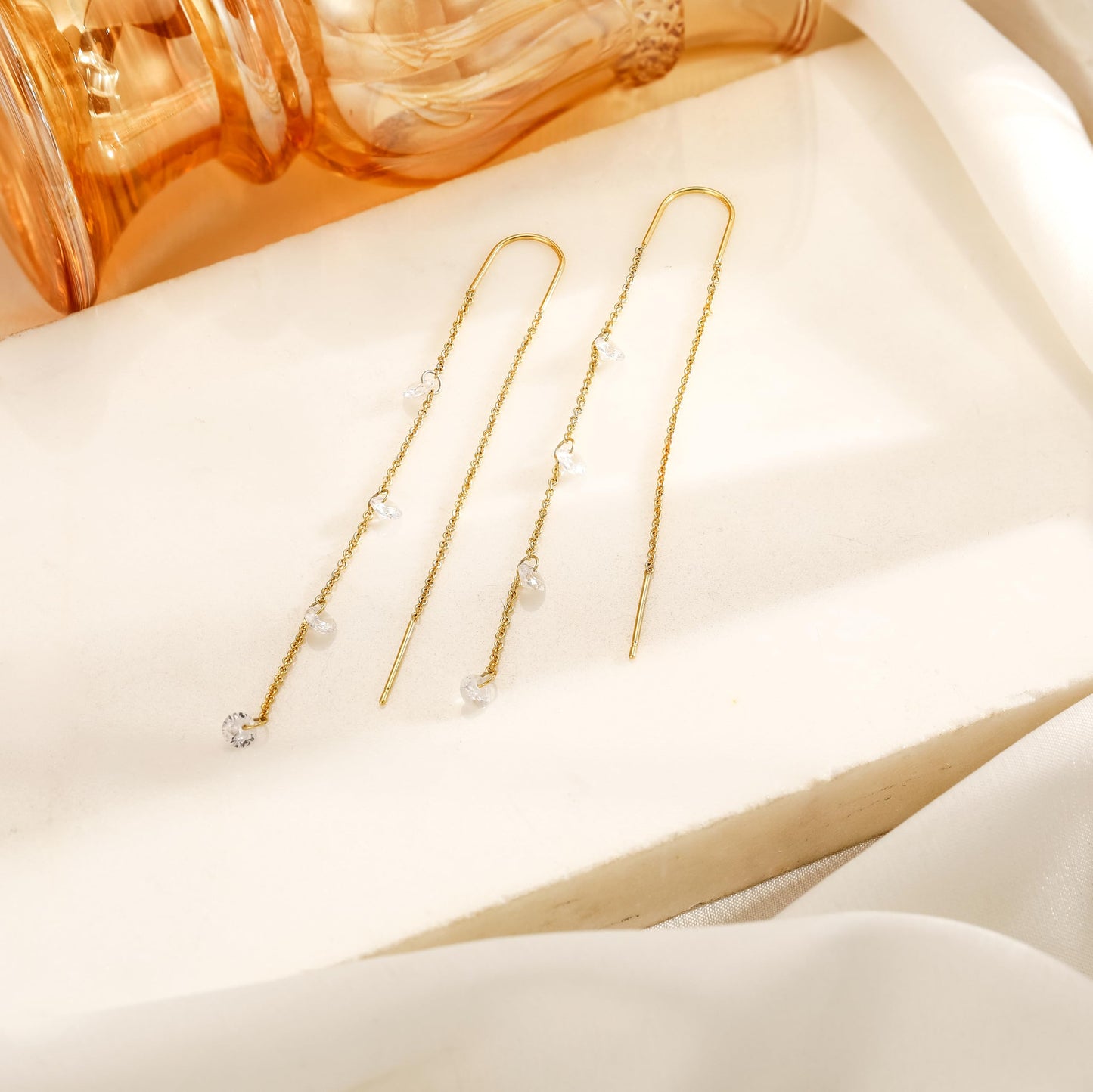 Moodear Dangle Earrings for Women - Trendy 14K Gold Plated Long Chain Earring Non Tarnish Hypoallergenic CZ Drop Earring Dainty Jewelry