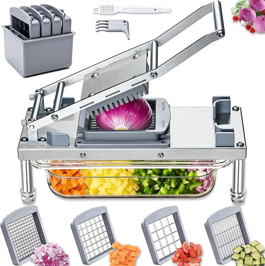 Stainless Steel Vegetable Chopper with 4 Blades - Pro Food Chopper with Container - Veggie Salad Onion Chopper - Potato Dicer - Tomato Cutter