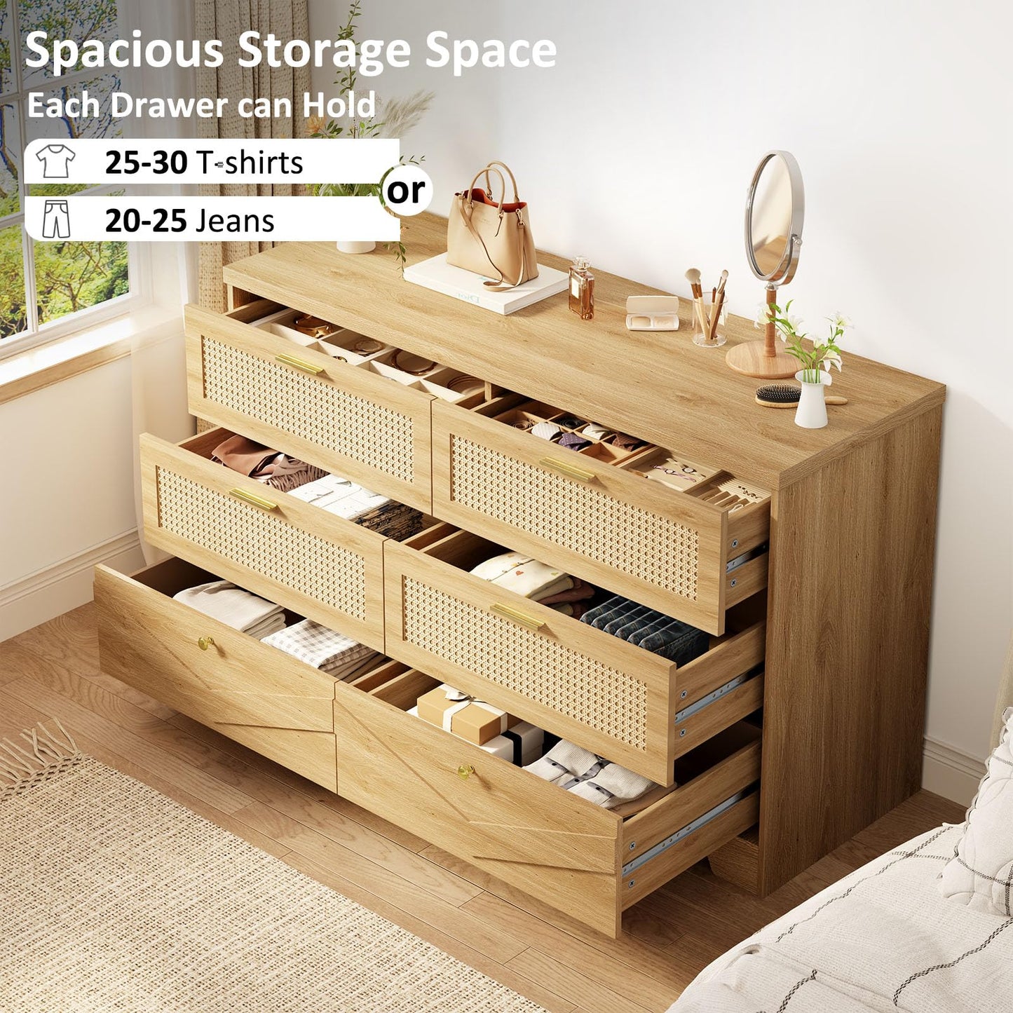 IBF Rattan Dresser for Bedroom, Wood Boho 6 Drawer Dressers, Large Dresser Chest of Drawers for Closet, Wide Clothes Storage Organizer with Deep Drawers for Living Room and Hallway, 51.2 Inch, Oak