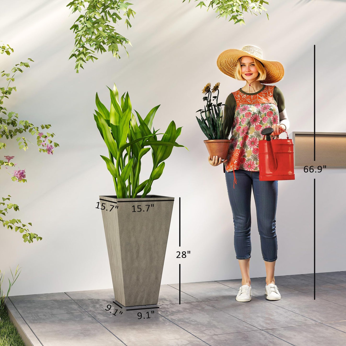 Outsunny Tall Planters for Outdoor Plants Set of 3, 28 in Taper Planters with Drainage Holes, Indoor Grande Plant Pots, Front Porch Decor, Grey