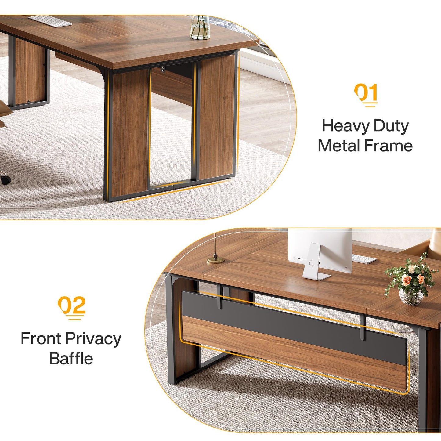 Tribesigns 63‘’ L-Shaped Executive Desk, Office Table with 47-Inch Drawers Cabinet, Large Computer Desk with Storage Shelves, Business Furniture Set for Home Office, Brown & Black