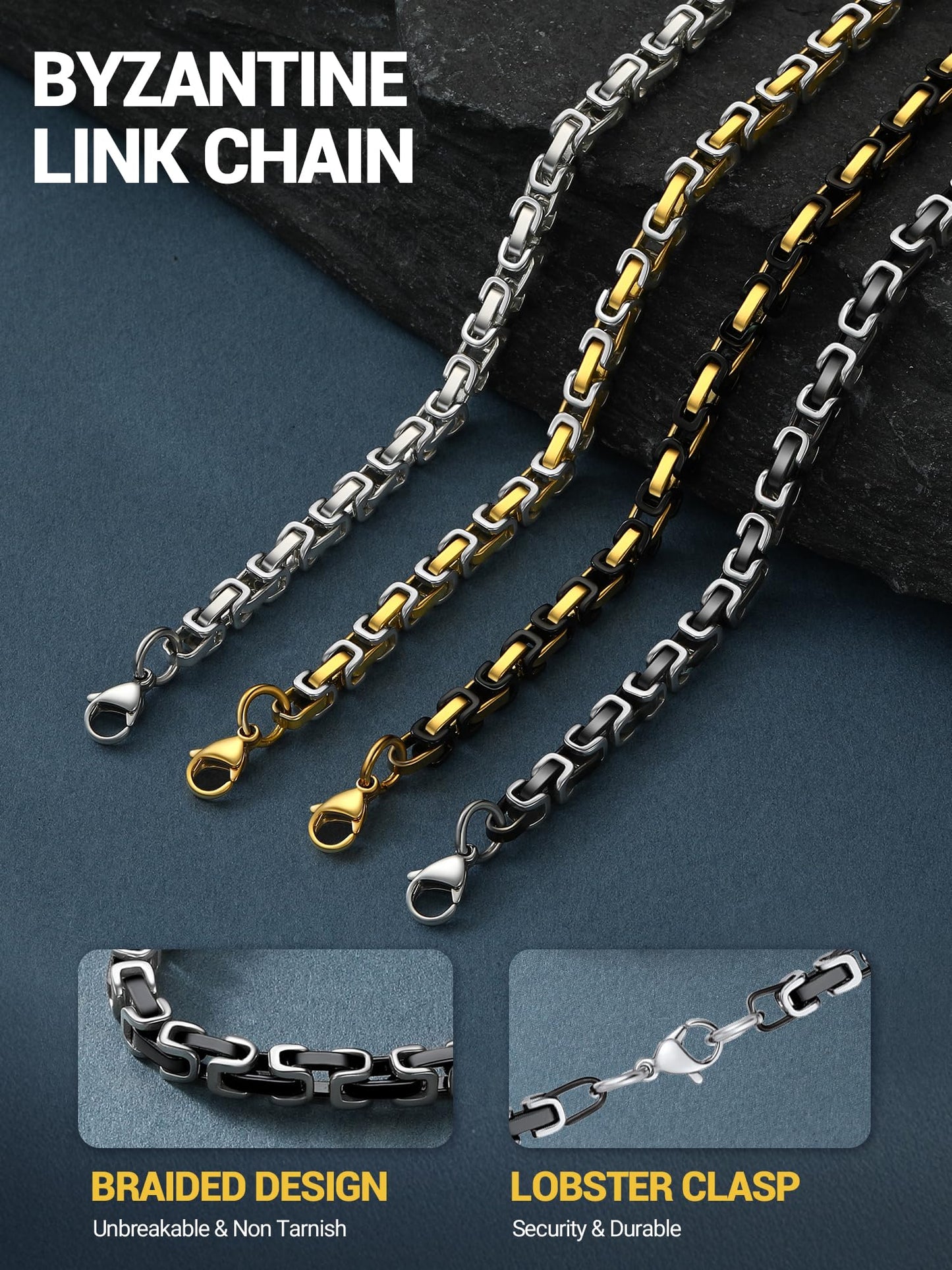 PROSTEEL Byzantine Necklace Stainless Steel Black Necklaces 24 Inch Men Mens Chain