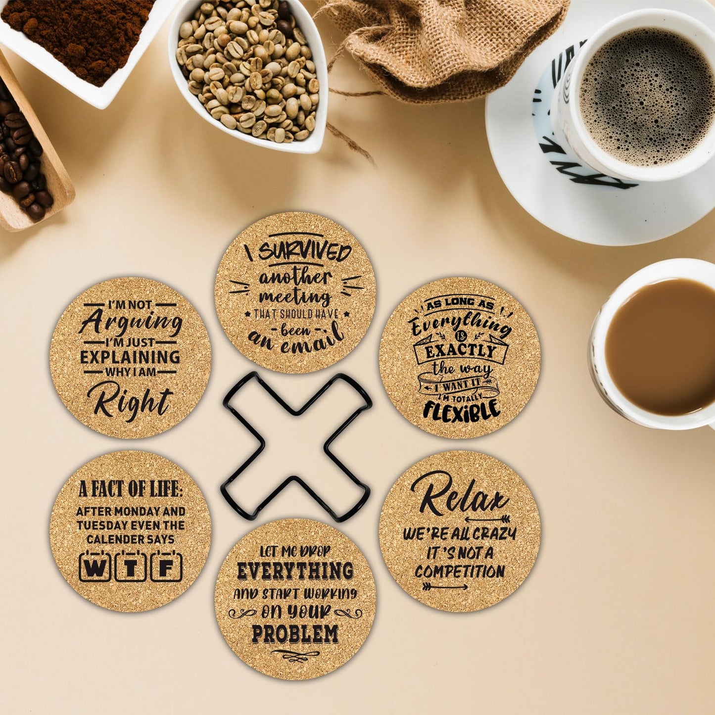 Office Gifts for Coworkers, Novelty Gifts for New Colleagues Employees Boss, Funny Office Desk Coasters, 6 Pcs Drink Coasters with Metal Holder, Birthday Housewarming Gifts for Men Women