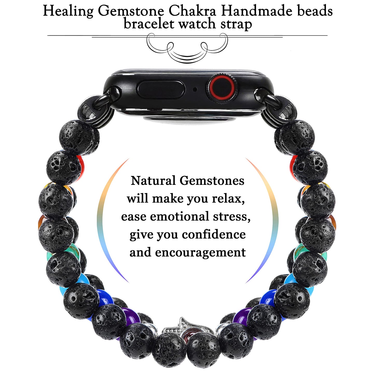 Chakra Healing Bracelet Lava Rock Protection Hamsa Hand Beaded Band Compatible with Apple Watch 10 9 8 7 SE 6 5 4 3 iwatch 38mm 40mm 42mm 44mm with Stainless Steel Adapter