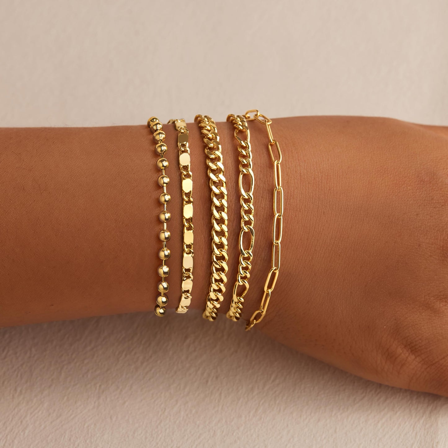 Gokeey Dainty 14K Real Gold Plated Bracelets Set for Women，Stackable Beaded Cuban Chain Link Layered Gold Bracelet for Women Trendy Gold Jewelry 5pcs