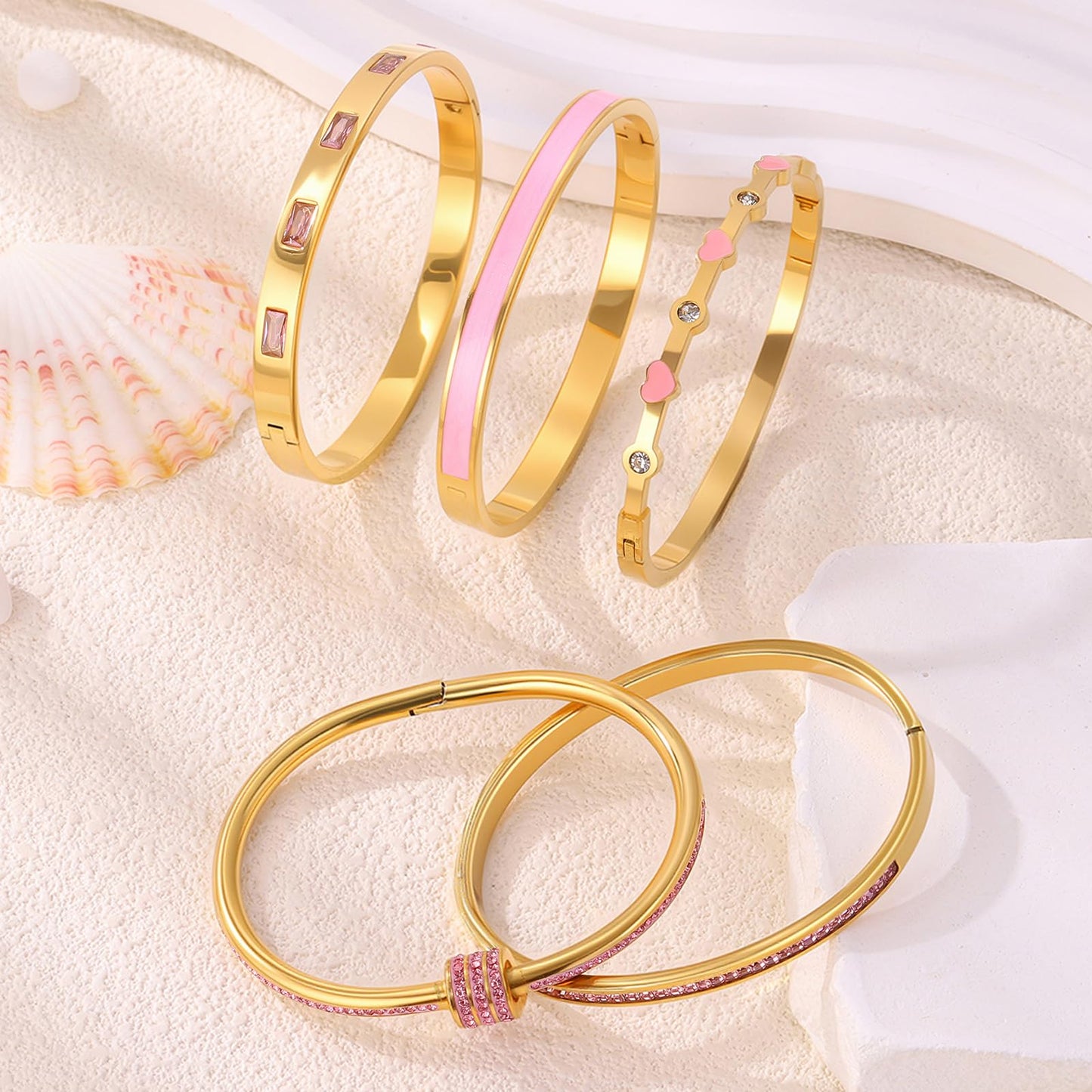 Camhanno 18K Gold Plated Stainless Steel 5-Piece Gold Bangle Bracelet Set for Women - Pink Crystal Friendship & Love Heart Design, Stackable Bangles Jewelry - Ideal Birthday Gift for Women (Pink)