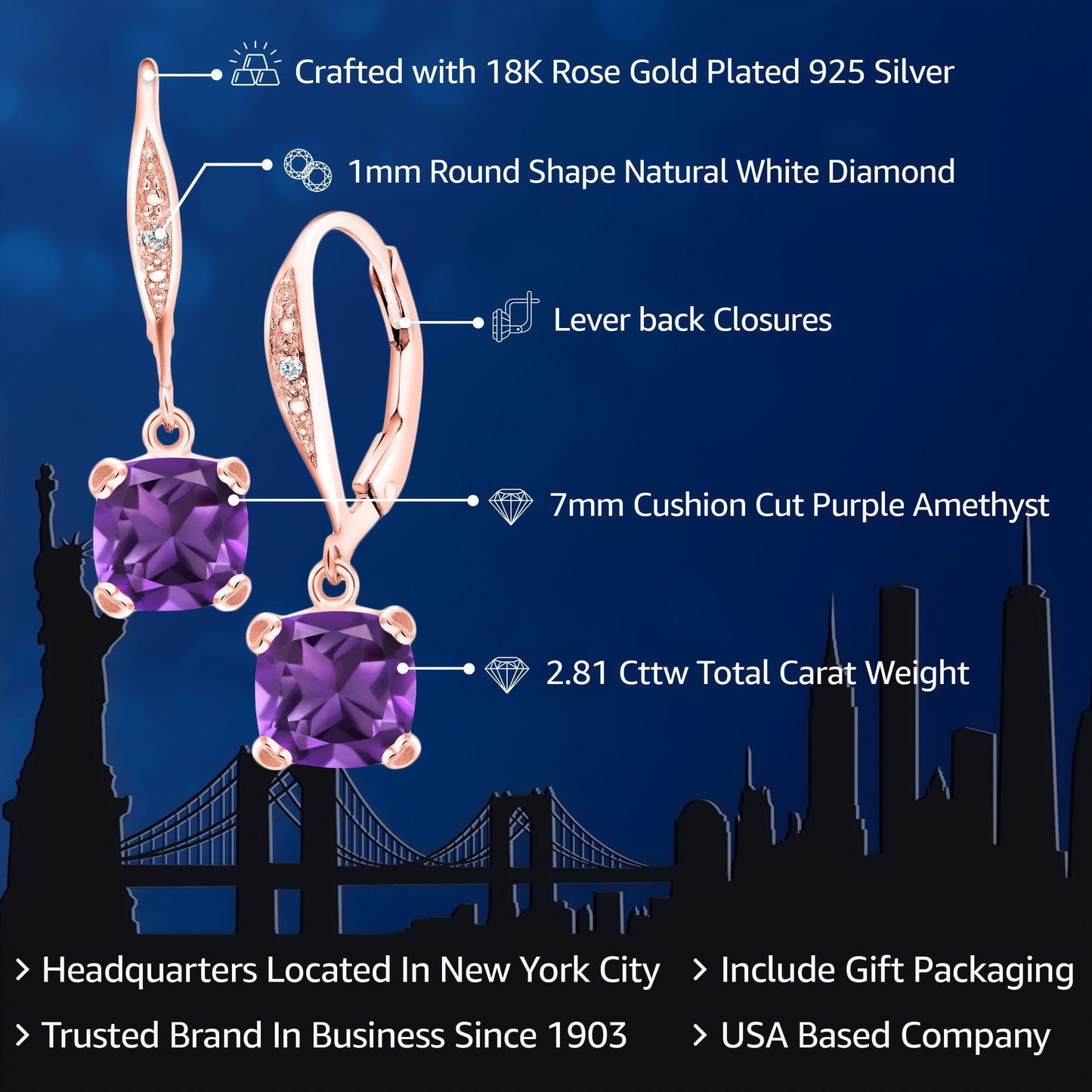 Gem Stone King Drop Dangle Earrings For Women | 7MM Cushion Cut Gemstone Birthstone and Diamond | 925 Sterling Silver | Jewelry Gift for Mom Wife Her | Amethyst-February | Rose Gold