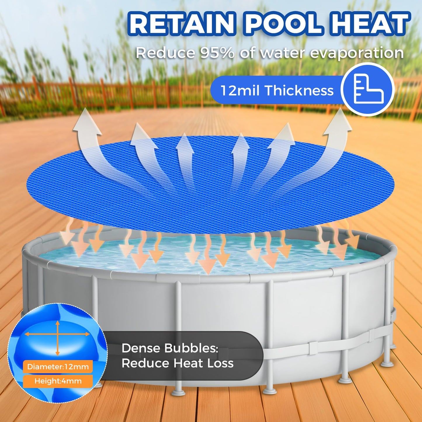 KETNET Solar Pool Cover 6 ft Round for 6-24ft Above Ground Inground Pools, Hot Tub Spa Thermal Heating Bubble Wrap Covers, 12 Mil Heavy-Duty Circle Blue Floating Blanket Mat for Swimming Pools
