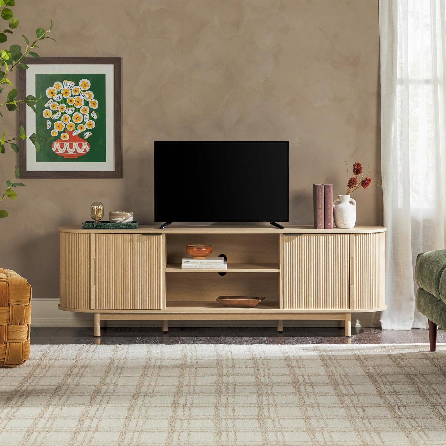 Walker Edison Modern Curved Reeded TV Stand for TVs up to 70 Inches, Credenza with Sliding Doors and Adjustable Shelves, TV Stand with Cord Management Cutout, 70 Inch, Coastal Oak