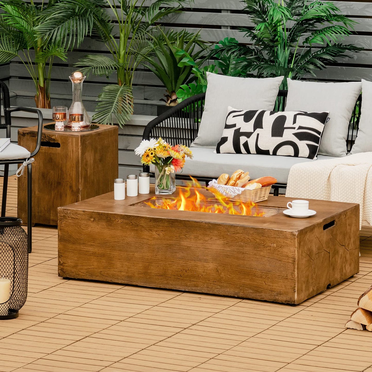 COSTWAY 48 Inch Gas Fire Pit Table, 50,000 BTU Outdoor Propane Firepit with Lava Rocks and Waterproof Cover, Rectangular Fire Table, Brown