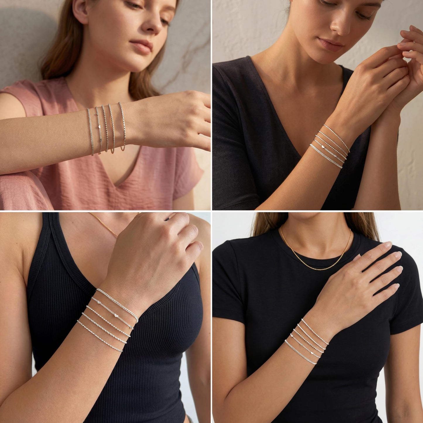 Dainty Silver Bracelets Set for Women Stackable, Sterling Silver Plated Stainless Steel Thin Layered Bracelets, Fashion Waterproof Fashion Waterproof Link Chain Bracelets Non Tarnish for Women Mom Wife
