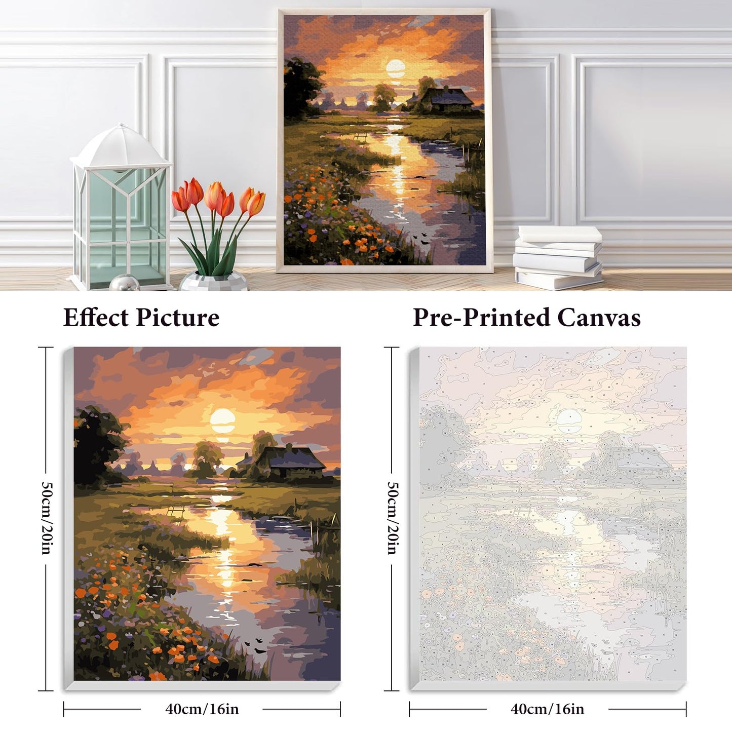 Fountor Framed Paint by Numbers Kit for Adults Beginner, Countryside Sunset Adult Paint by Number Kits on Canvas, Riverside Cabin Oil Painting by Numbers for Home Decor Gift 16” W x 20”L