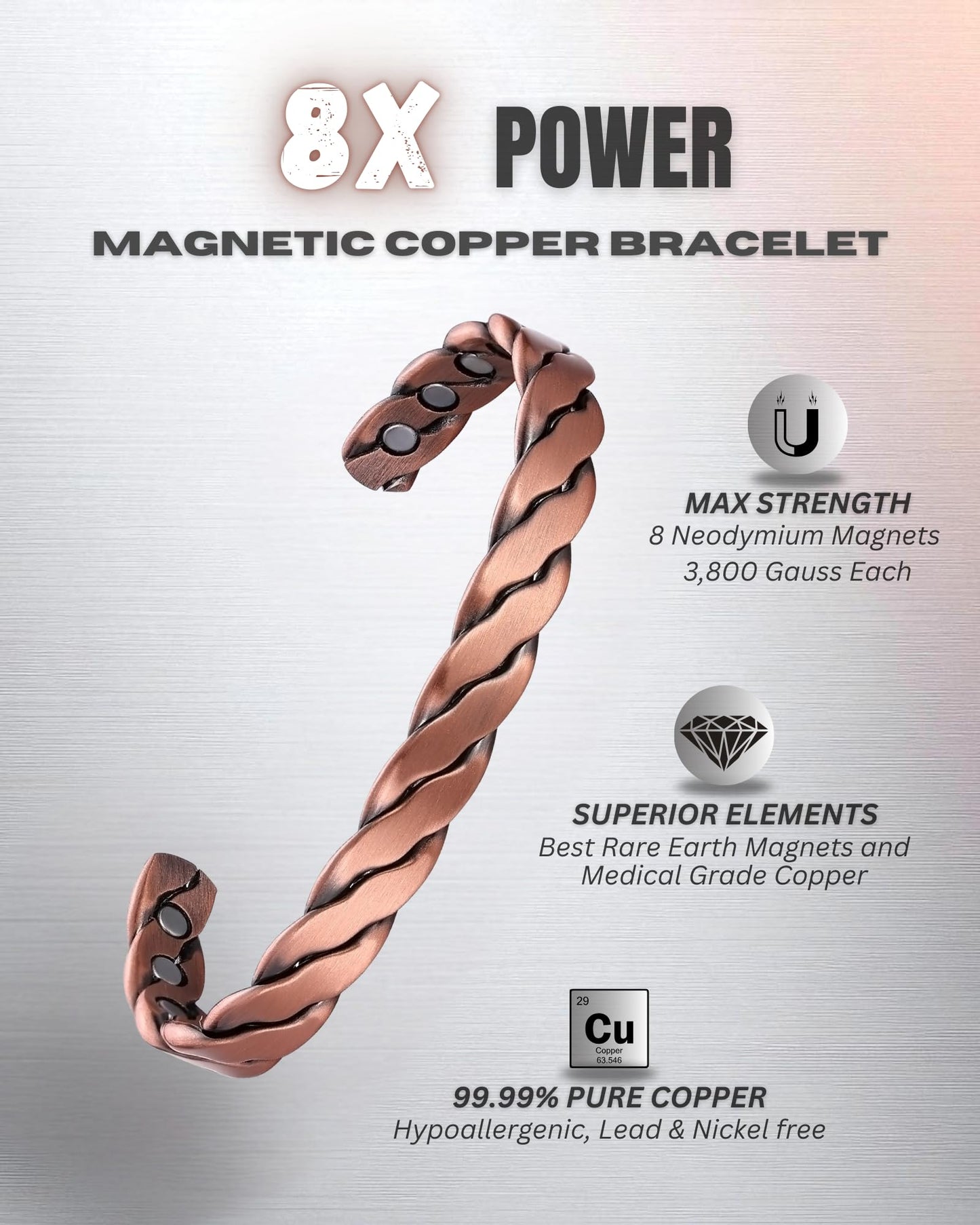 Copper Bracelet for Men Women, 8X Ultra Strength Magnetic Bracelets with 3,800 Gauss Magnets, 99.99% Pure Copper Health Jewelry Gift, Includes Gift Box, Jewelry Cloth, Blank Blessing Card (Twisted Copper)