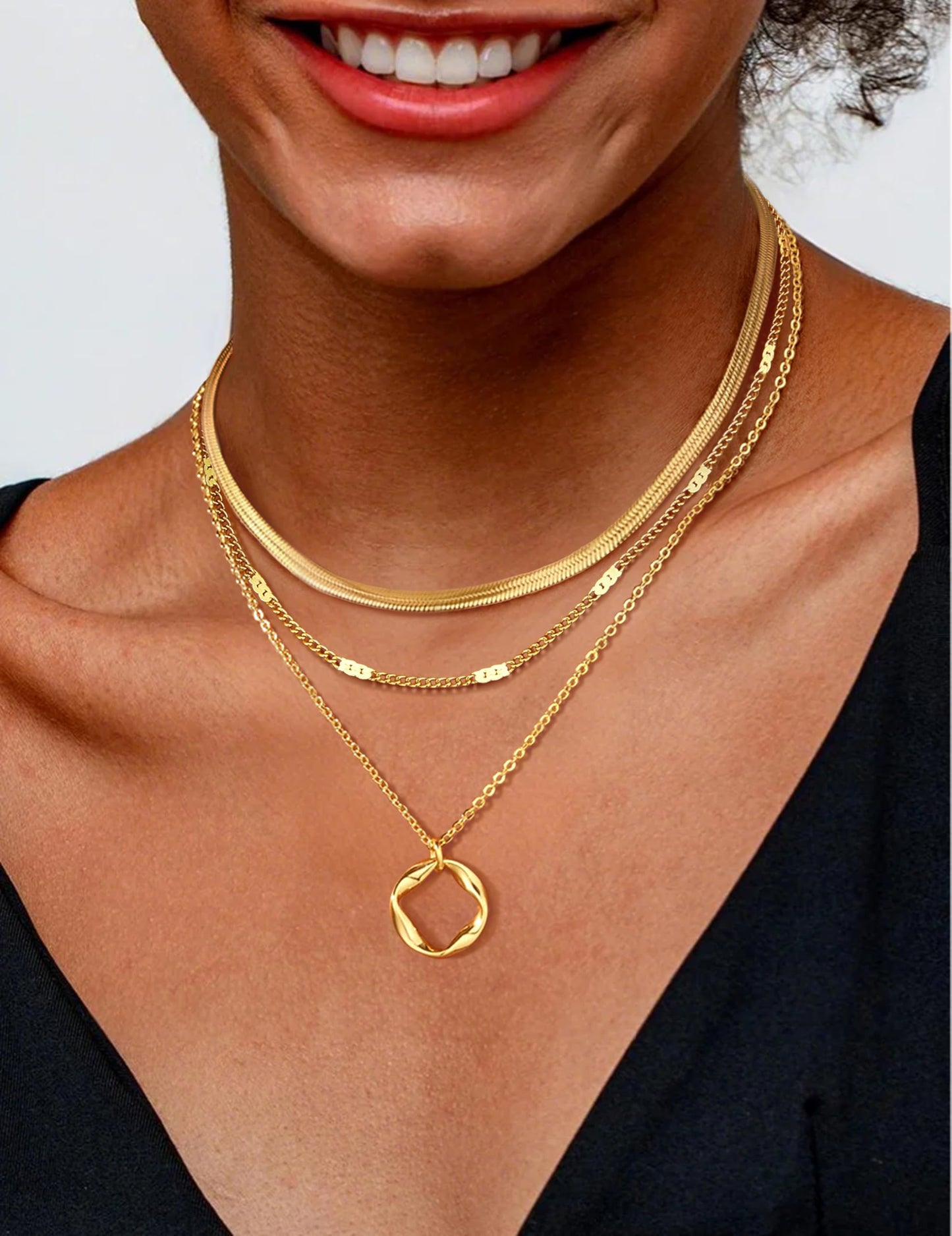 TEN MIRO Layered Gold Plated Necklaces for Women Non Tarnish, Dainty 16k Gold Plated Necklace Stack Stackable Necklace for Women Layering Chain Circle Pendant Herringbone Imitation Pearl Choker Necklaces