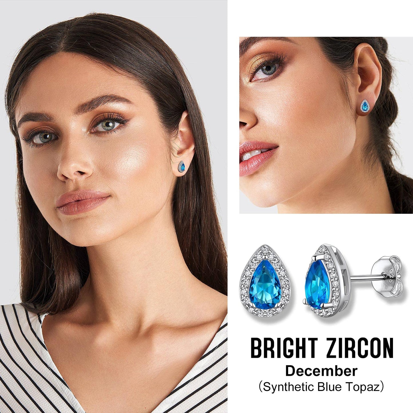 Bestyle CZ Teardrop Diamond Stud Earrings 5mm December Blue Topaz Birthstone Solitaire Earrings, 925 Sterling Silver Earrings Jewelry Gift for Wedding Anniversary Birthday
